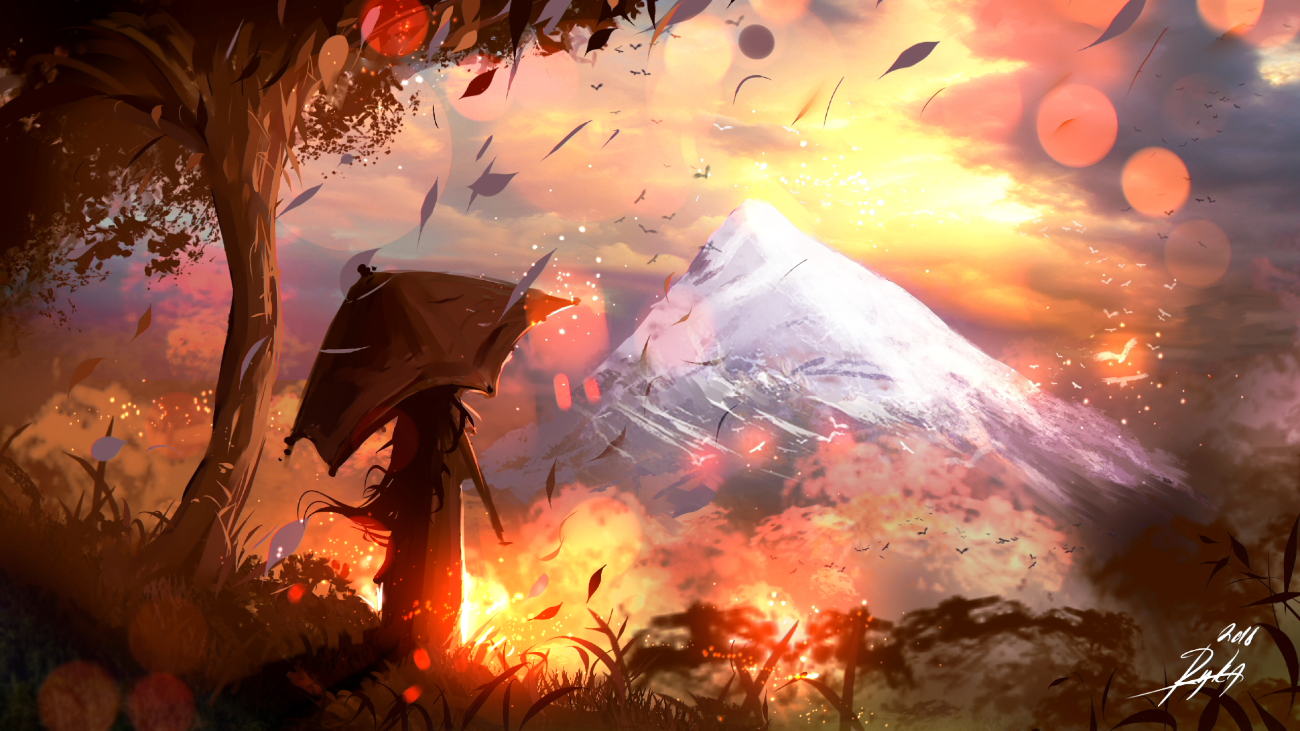 2560x1440 Download  Anime Landscape, Scenic, Mountain, Autumn, Woman, Sunset Wallpaper for iMac 27 inch, Desktop