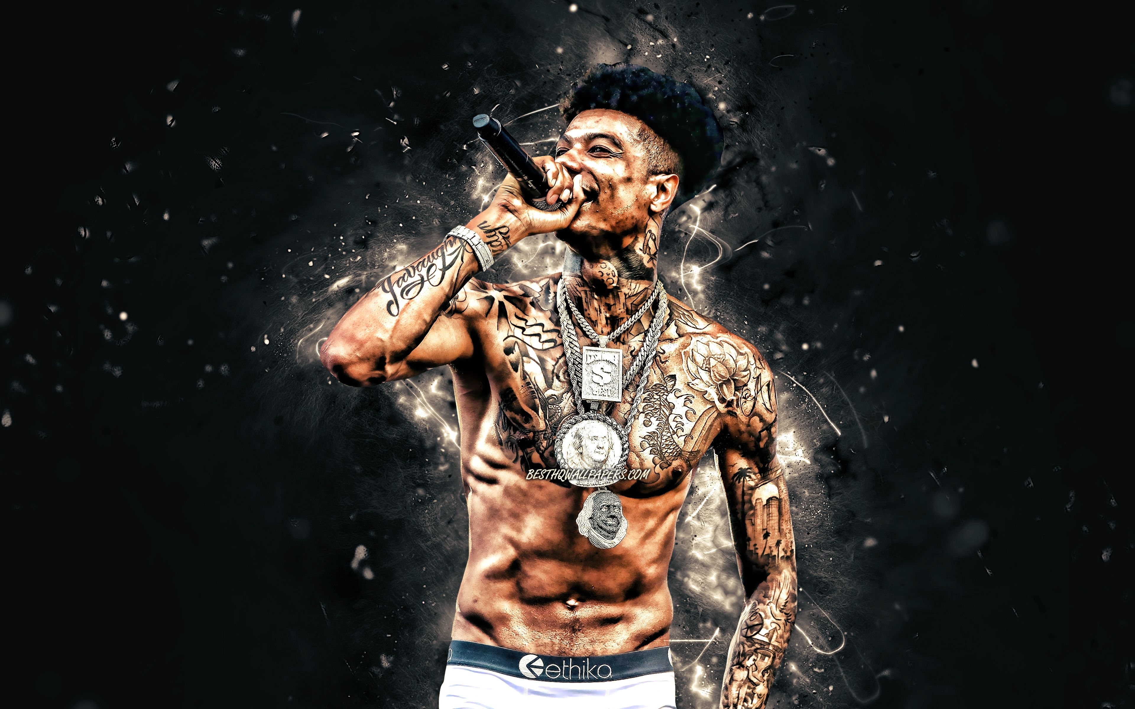 3840x2400 Download wallpaper Blueface, 4k, white neon lights, american rapper, concert, music stars, creative, Migos, Blueface with microphone, Johnathan Porter, american celebrity, Blueface 4K for desktop with resolution. High Quality HD, Desktop