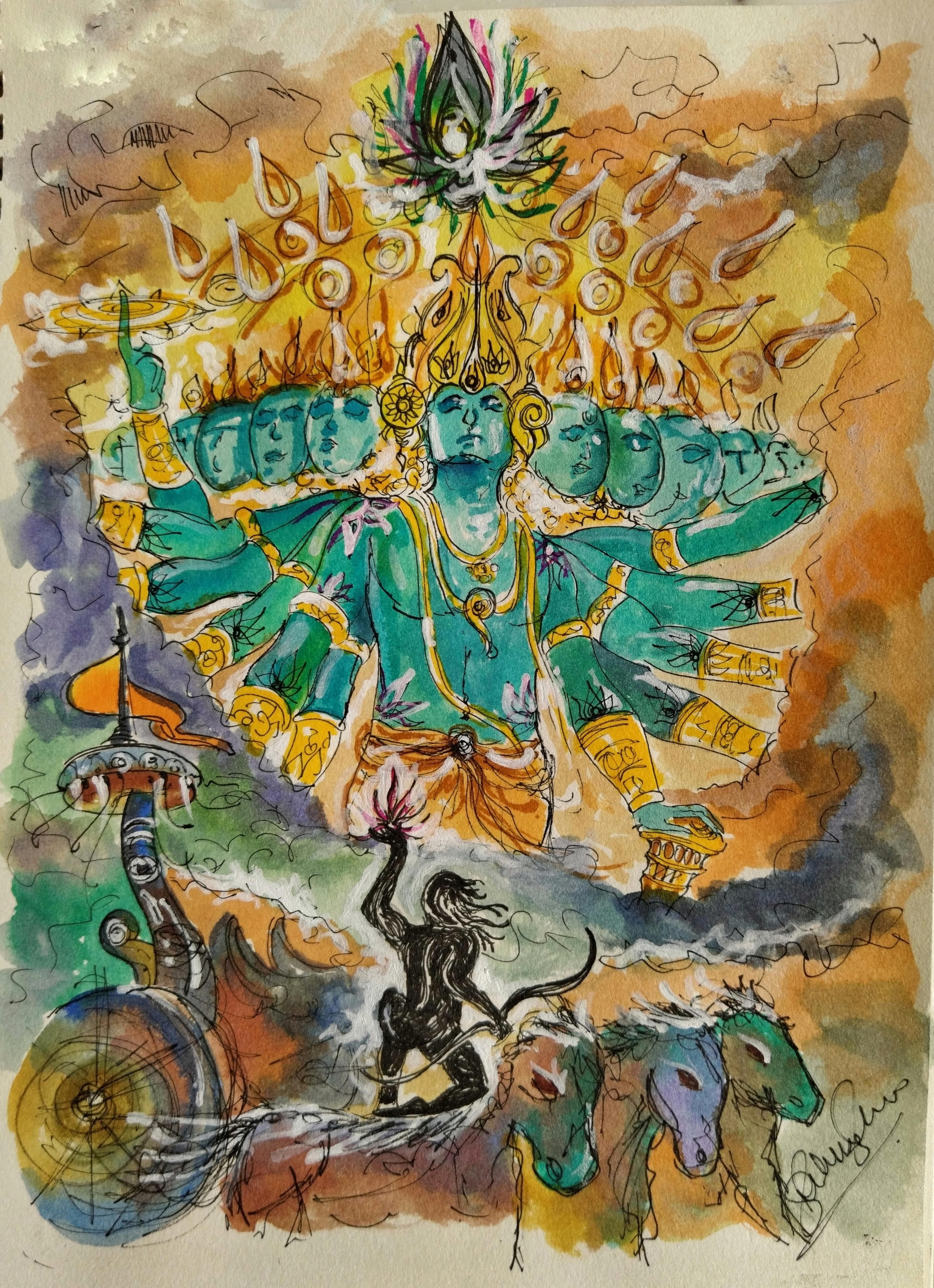 3650x5030 Hindu God Krishna showing his ultimate omnipresent Vishwaroopam form to warrior Arjuna. illustrated by me :-) foll. Hindu art, God illustrations, Krishna painting, Phone