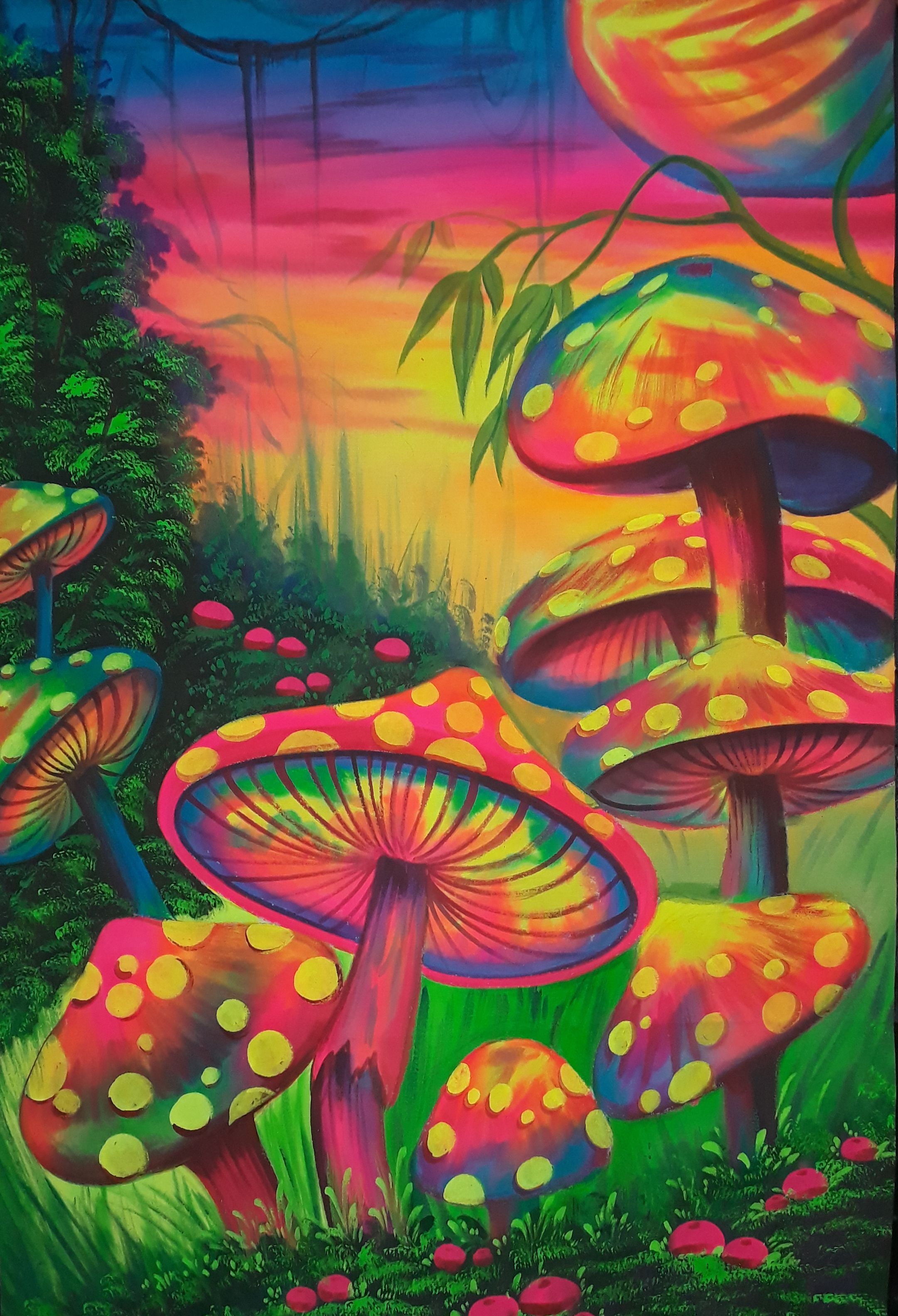 2170x3170 Mushrooms, Fluorescent painting Glow in dark, UV Glow, Blacklight Art, UV Glow painting. Trippy painting, Hippie painting, Art, Phone