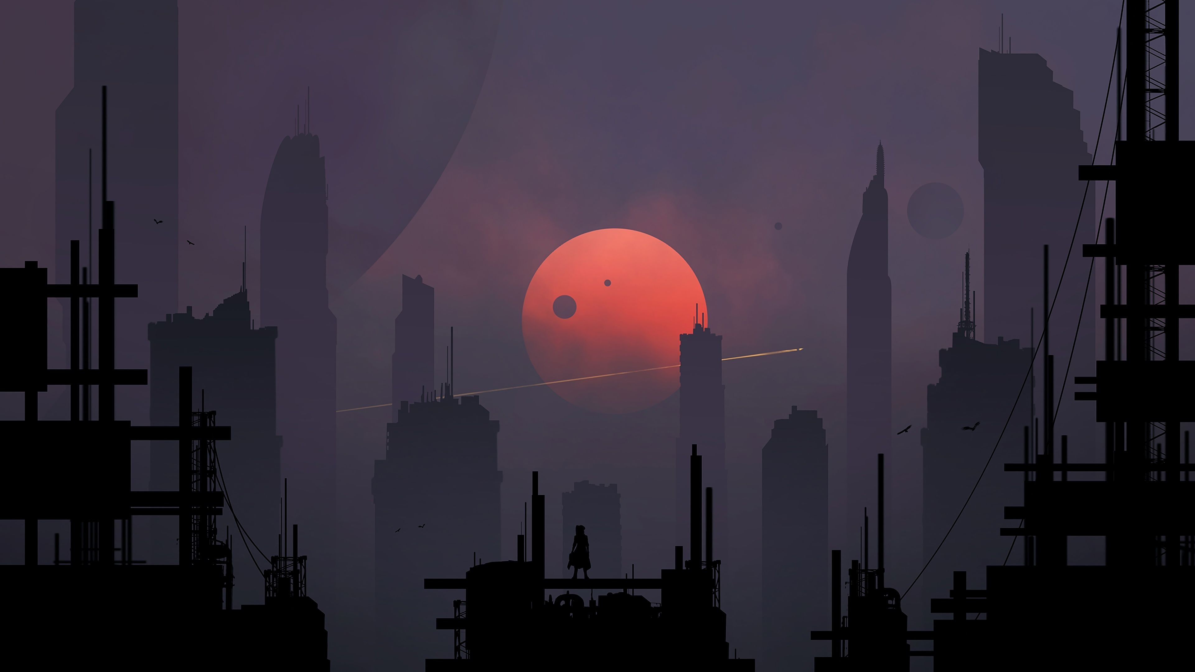 3840x2160 Sci Fi City Red Moon Minimalist Minimalism 4K, Desktop