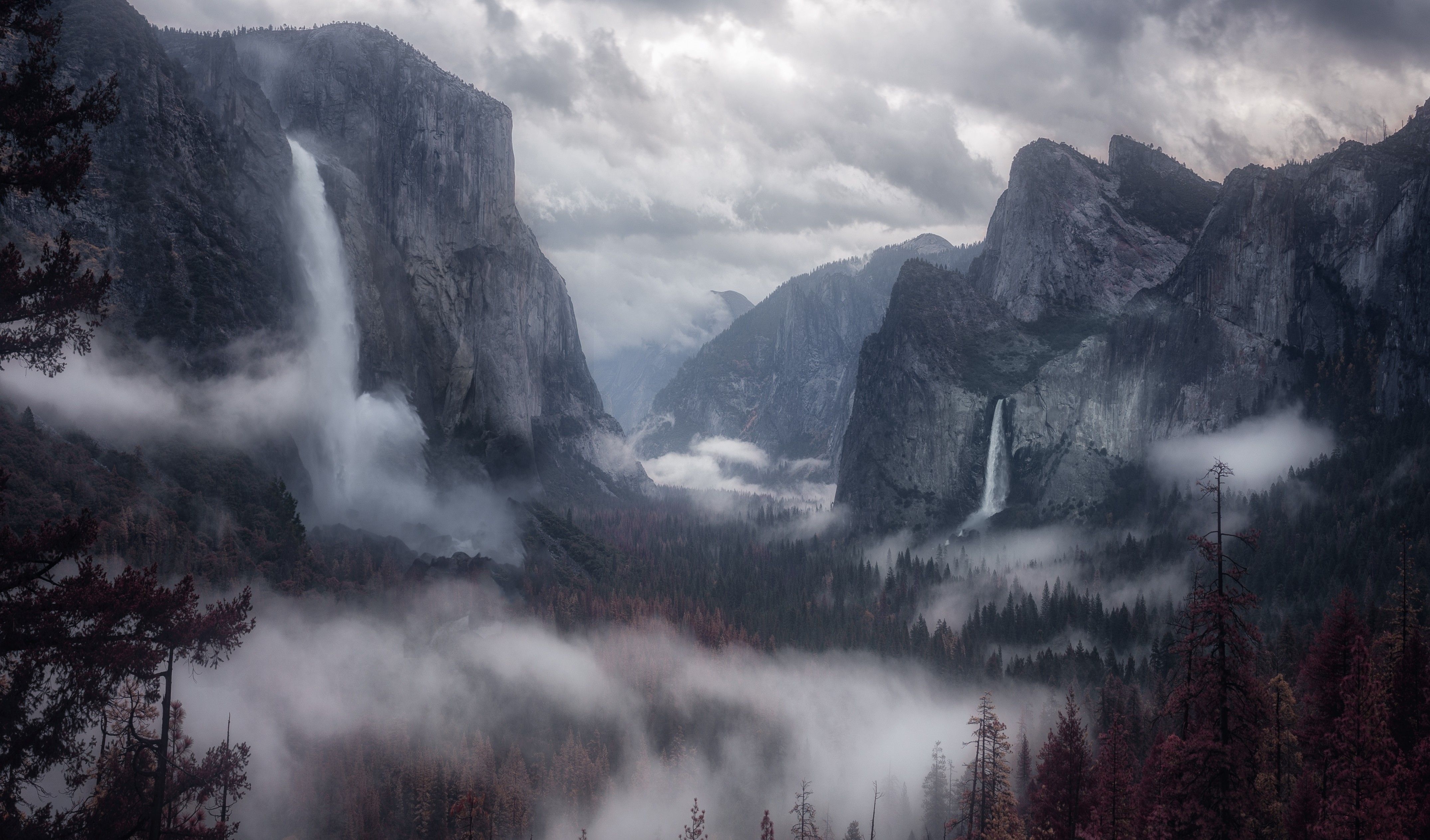 4300x2530 Download  Waterfall, Mountain, Hills, Forest, Dark Clouds, Desktop