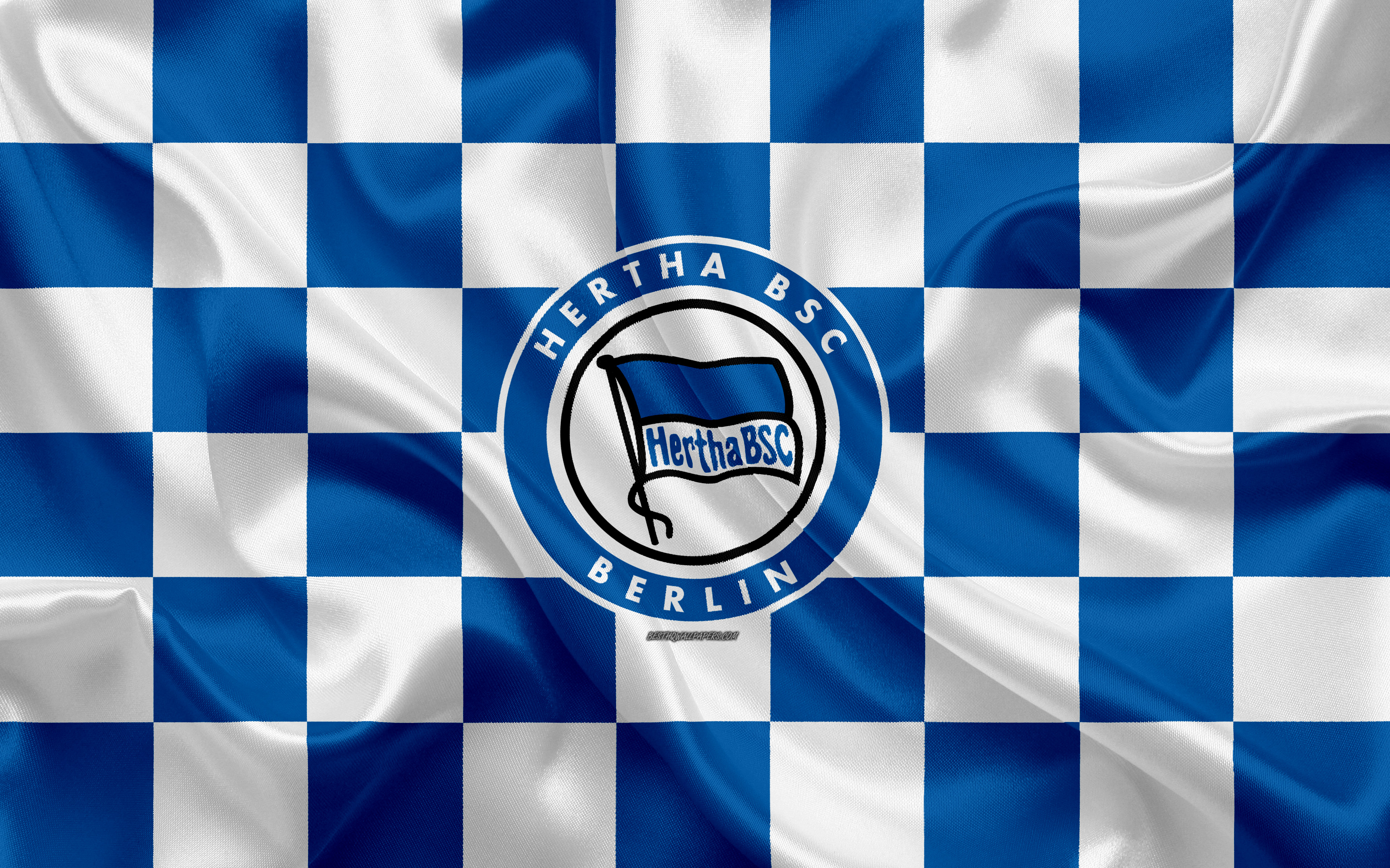 3840x2400 Download wallpaper Hertha BSC, 4k, logo, creative art, blue white checkered flag, German football club, Bundesliga, emblem, silk texture, Berlin, Germany, football, Hertha Berlin FC for desktop with resolution. High Quality, Desktop