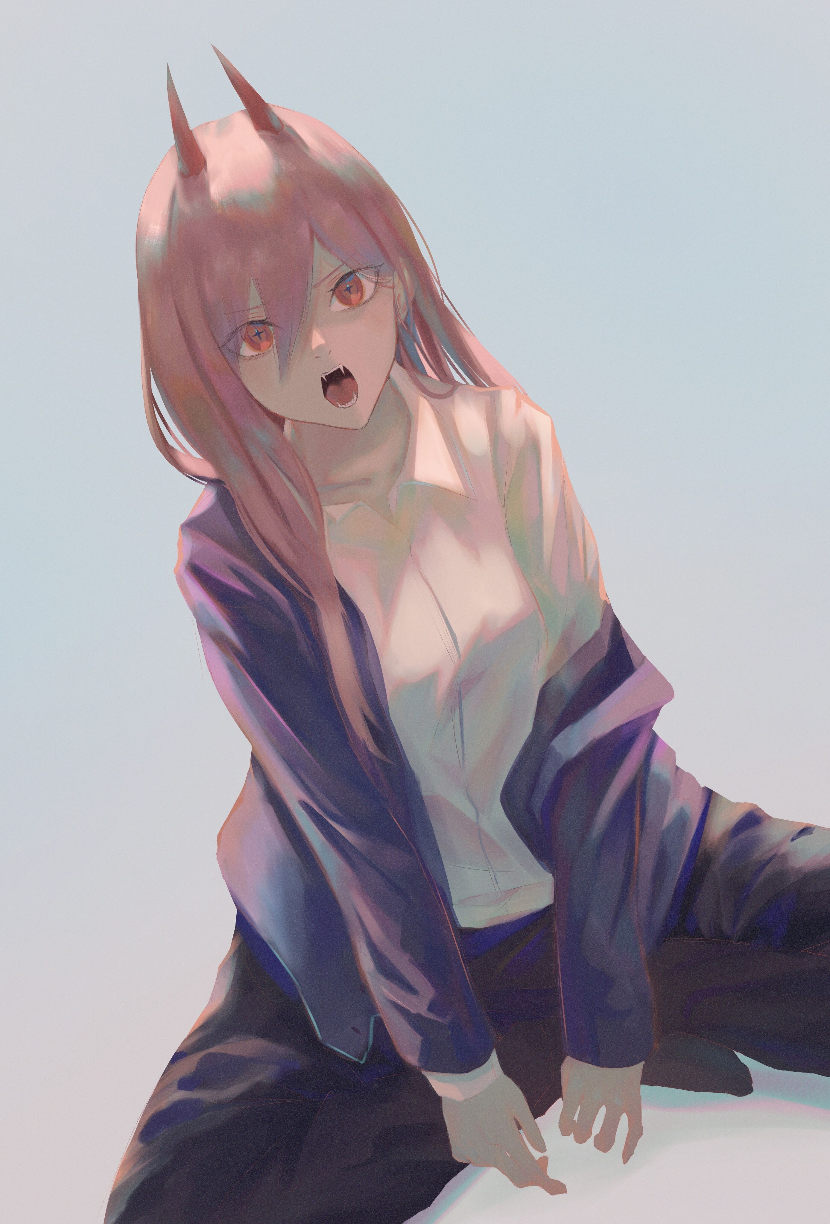 2780x4090 7ife, looking at viewer, red eyes, violet hair, anime girls, portrait display, Chainsaw Man, Power (Chainsaw Man), horns, fangsx4090 Wallpaper, Phone