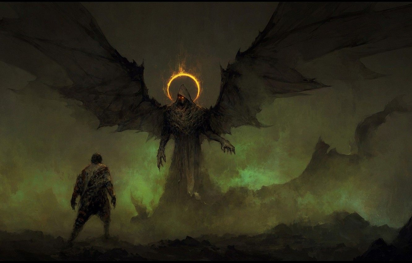 1340x850 Wallpaper demon, devil, wings, man, hood, oni, Fake Angels, ageln, Desktop