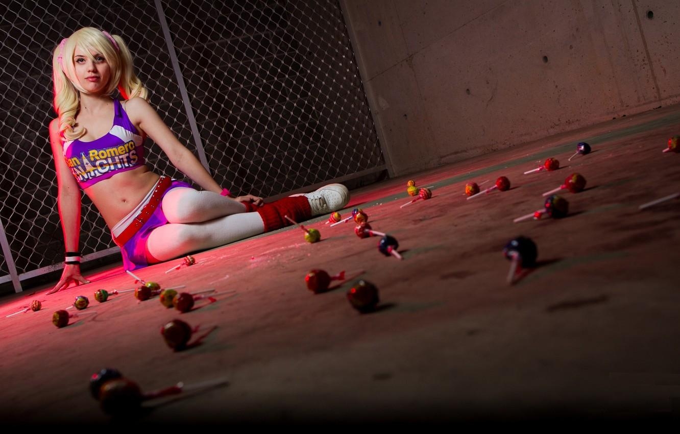 1340x850 Wallpaper look, girl, wall, grille, blonde, sitting, cosplay, Desktop