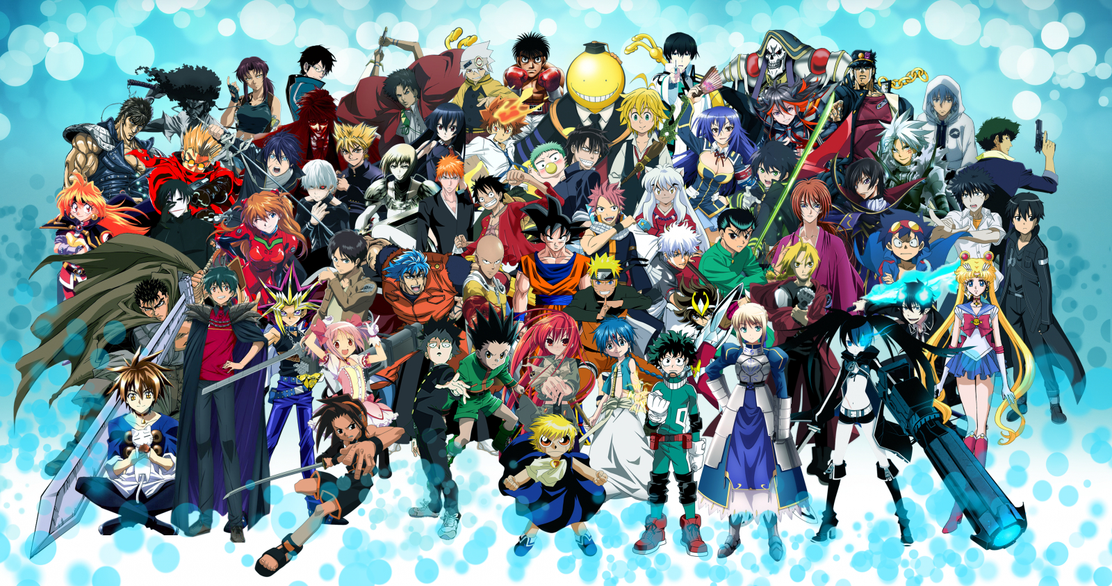 1600x850 Wallpaper, Son Goku, Monkey D Luffy, Uzumaki Naruto, Gon Freecss, Dragneel Natsu, Elric Edward, Kurosaki Ichigo, Toriko, BlackStar, Ippo, Sawada Tsunayoshi, yusuke urameshi, Saint Seiya, Eren Jeager, Lamperouge Lelouch, Himura Kenshin, Desktop