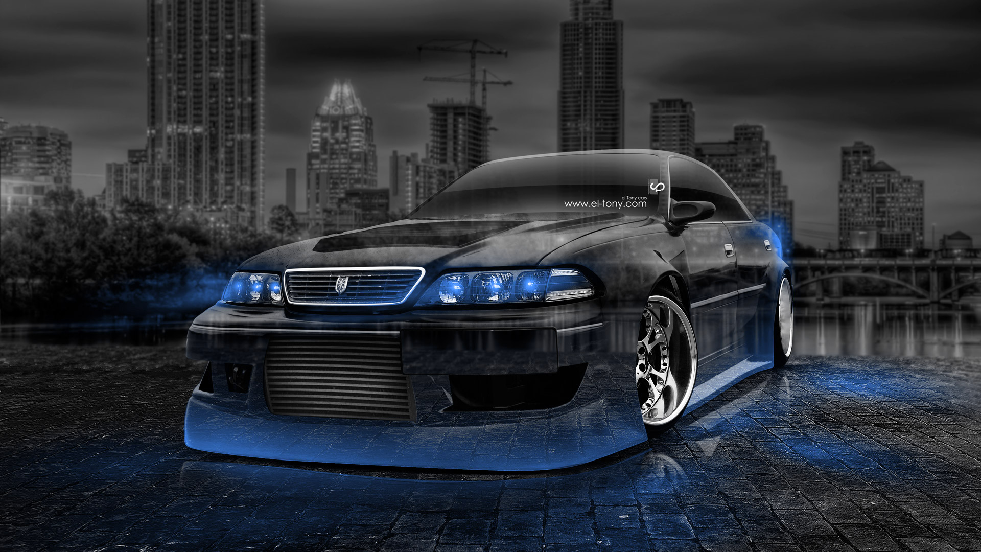 1920x1080 Toyota Mark 2 JZX100 JDM Tuning Crystal City Car 2014 Blue Neon HD Wallpaper Design By Tony Kokhan [ ], Desktop