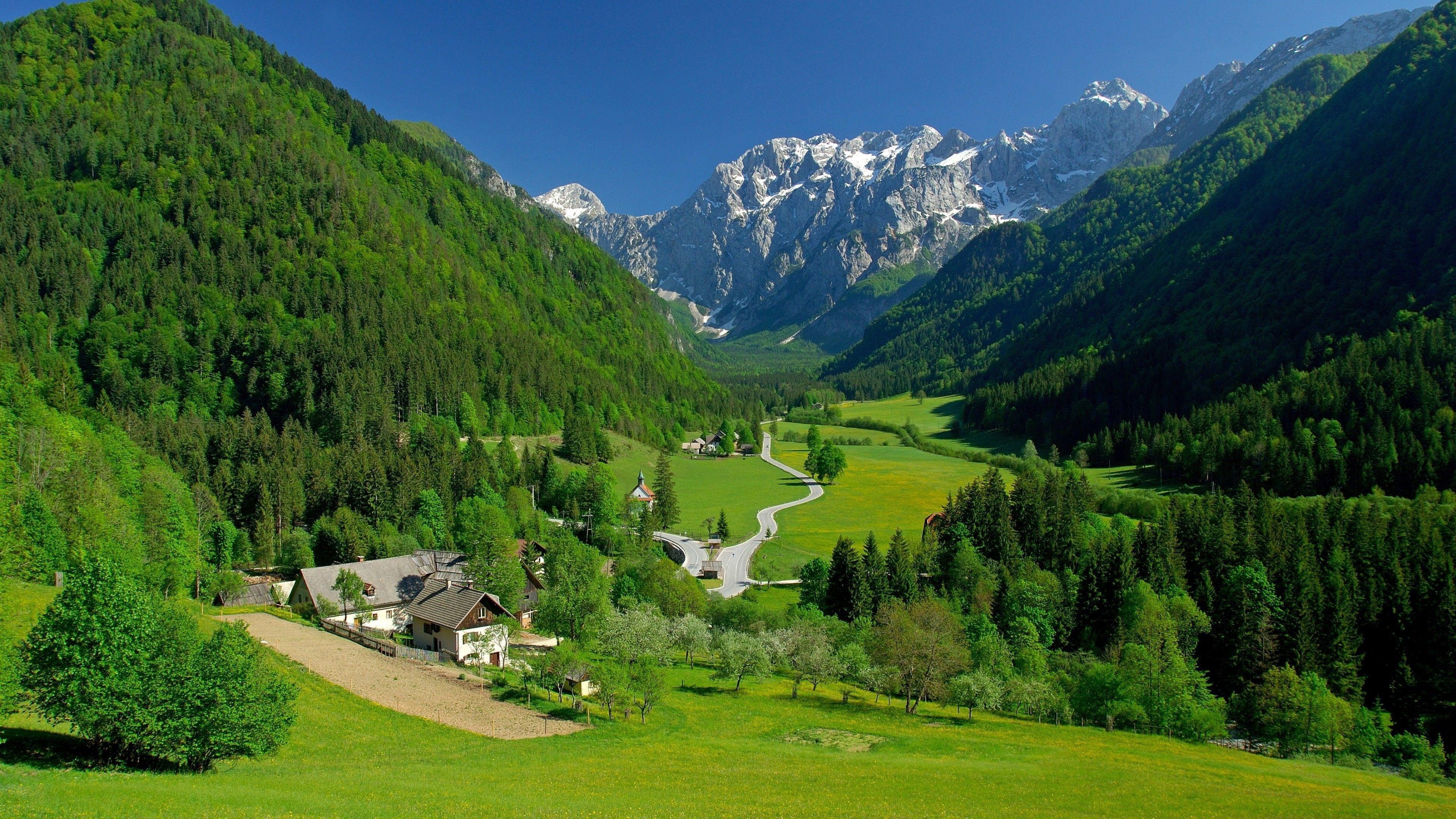 3840x2160 landscape, Village, Hills, Mountains, Trees, Hairpin Turns, Alps, Desktop