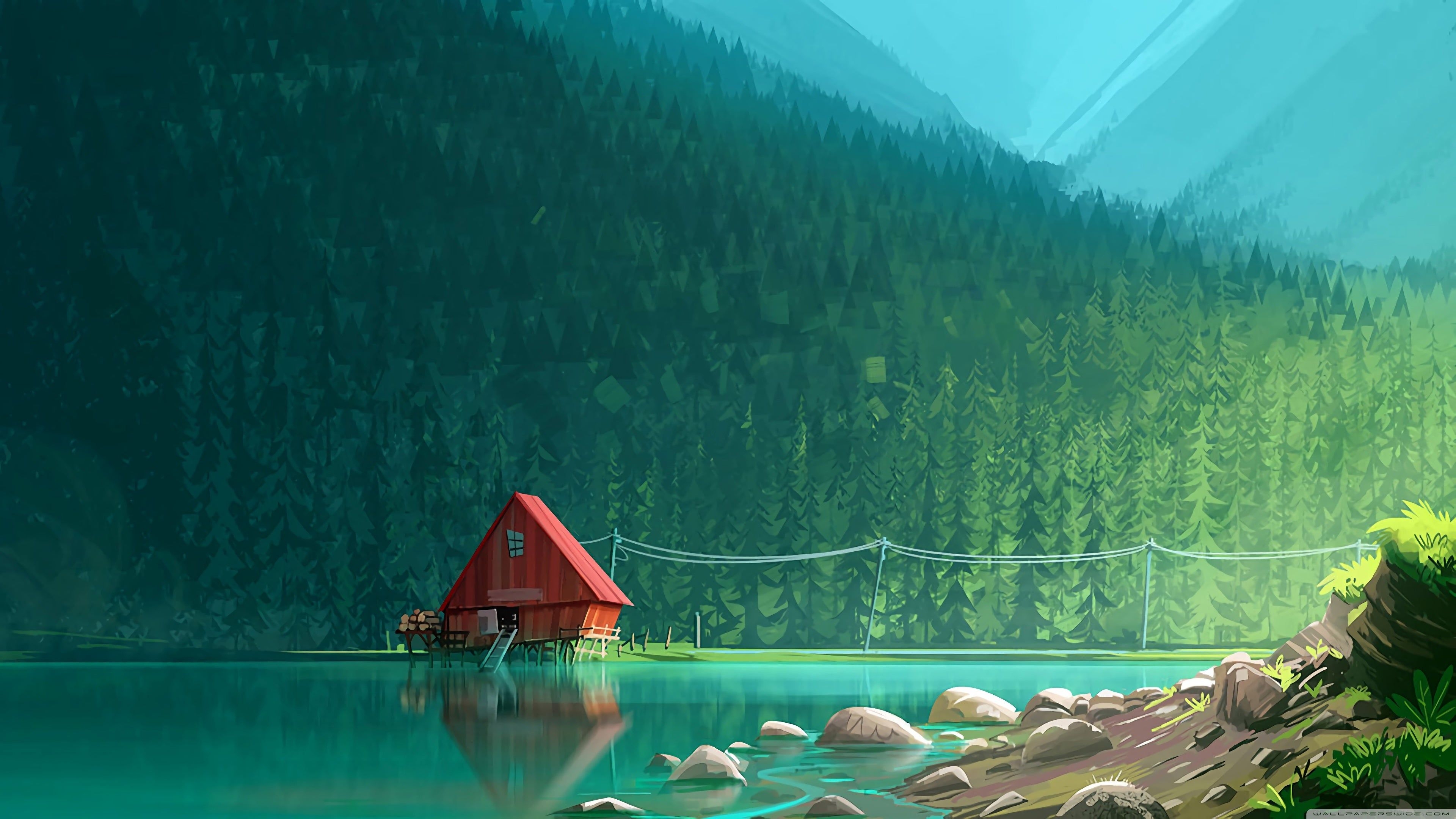 3840x2160 House by the Lake Drawing 4K wallpaper, Desktop