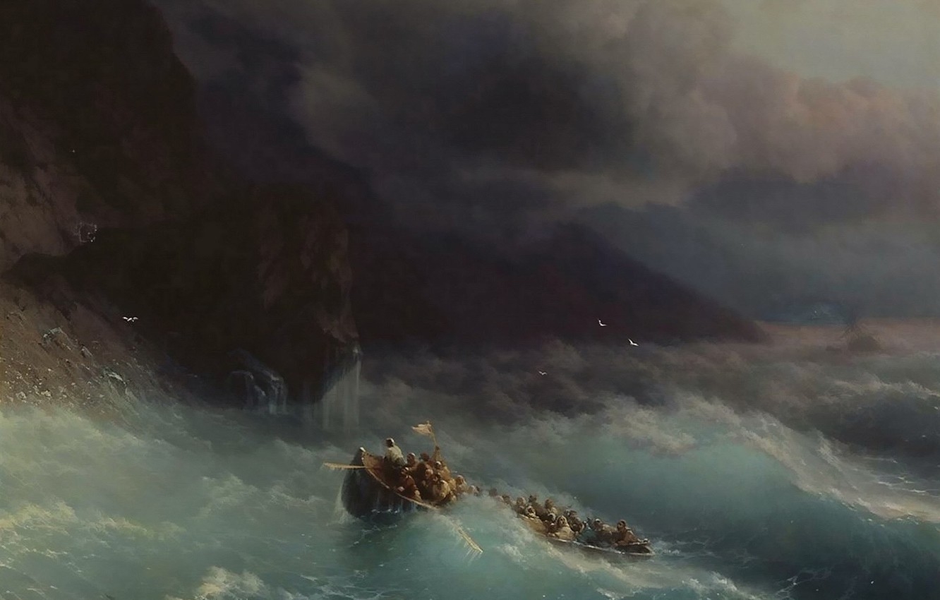 1340x850 Wallpaper storm, boat, picture, seascape, Ivan Aivazovsky, Storm on the Black Sea image for desktop, section живопись, Desktop