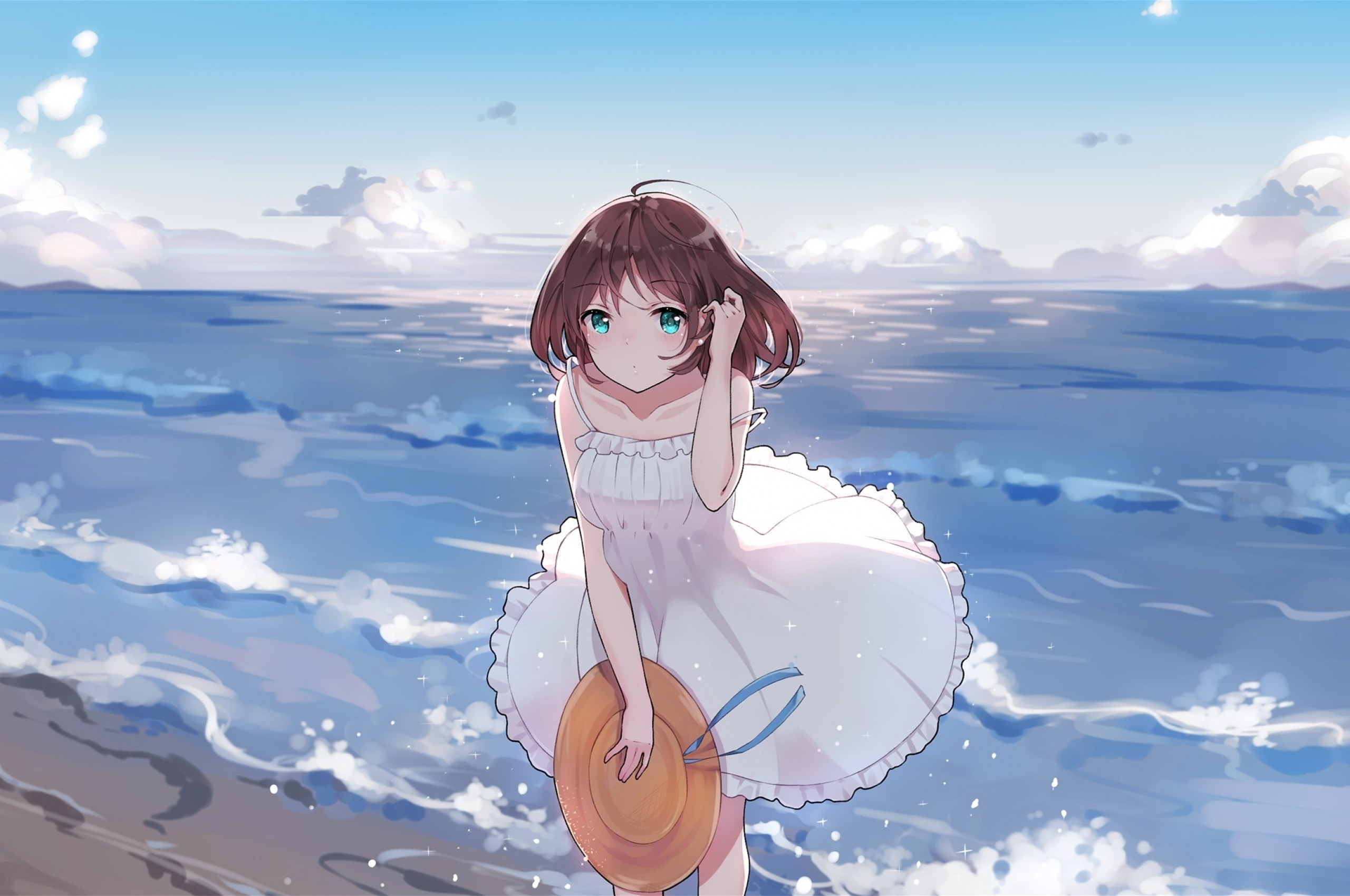 2560x1700 Download  Summer Dress, Anime Girl, Ocean, Waves, Beach, Short Hair Wallpaper for Chromebook Pixel, Desktop