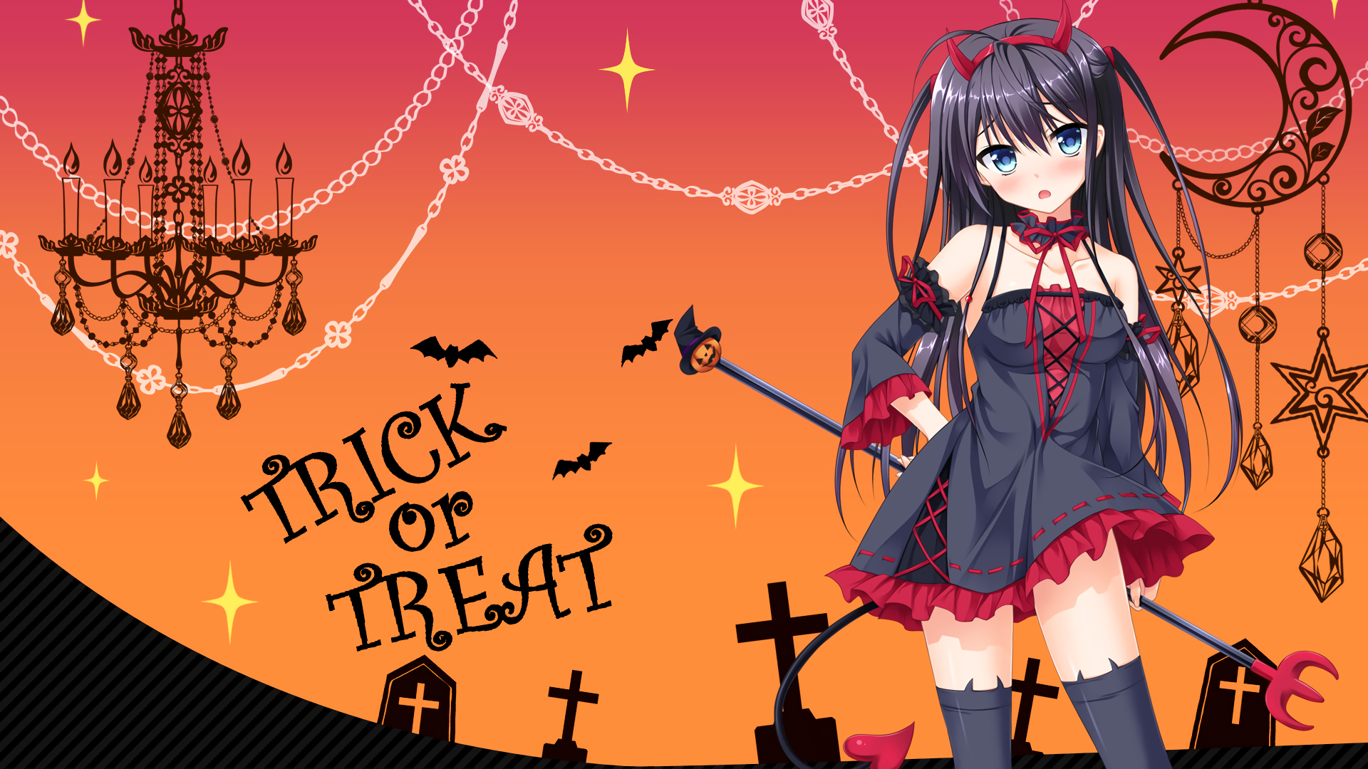 1920x1080 Download  Anime Girl, Halloween Demon Dress, Tail, Blue Eyes, Headband Wallpaper for Widescreen, Desktop