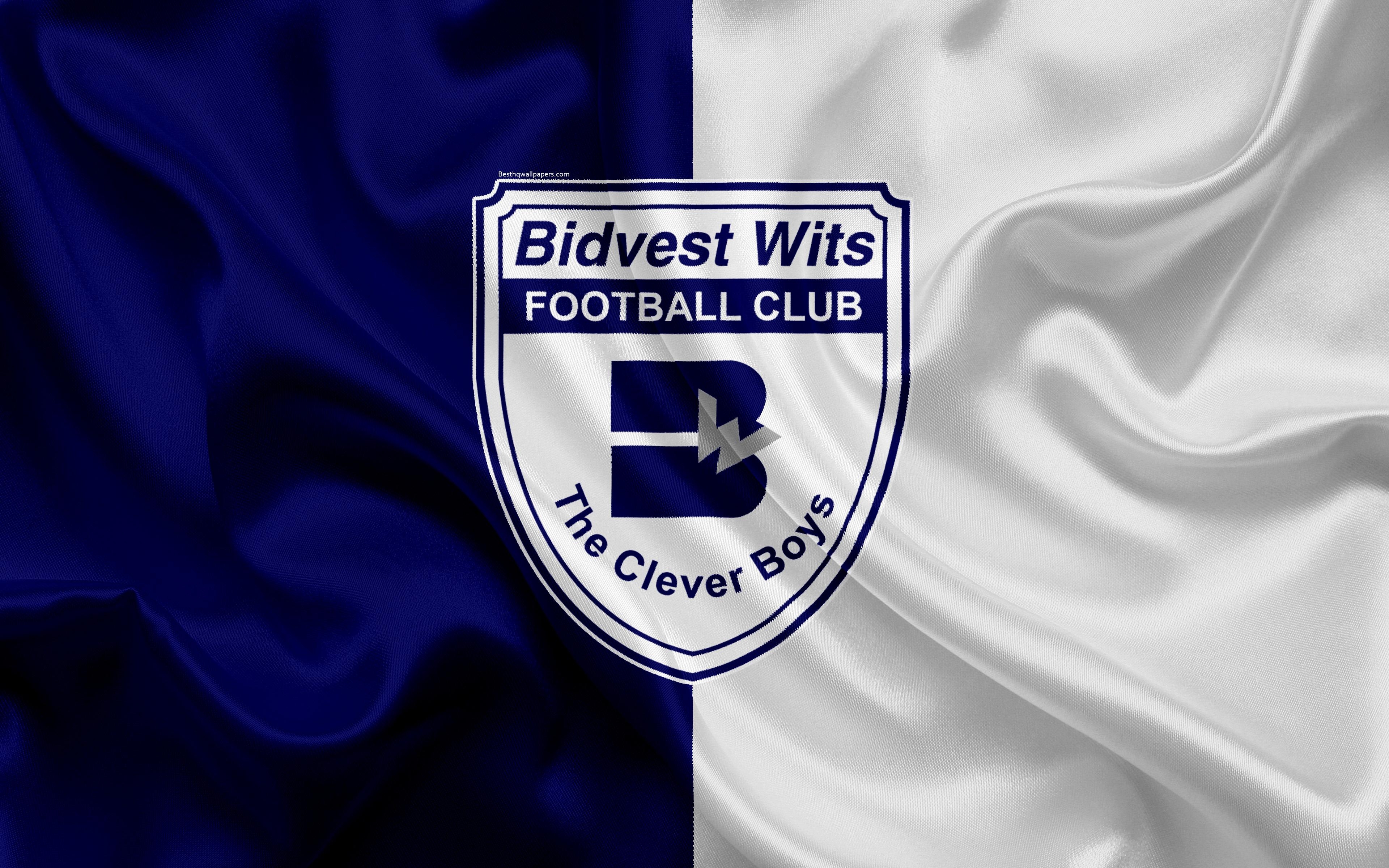 3840x2400 Download wallpaper Bidvest Wits FC, 4k, logo, blue white silk flag, Desktop