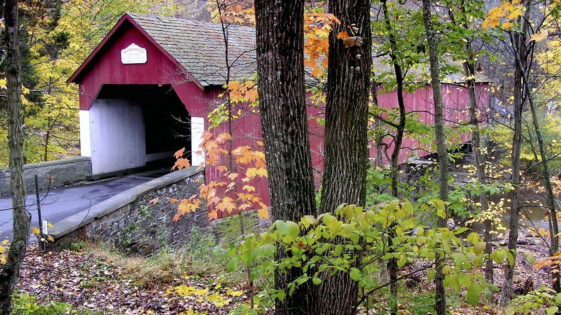 1920x1080 Bridges: Frankenfield Covered Bridge Tinicum Pennsylvania Trees, Desktop