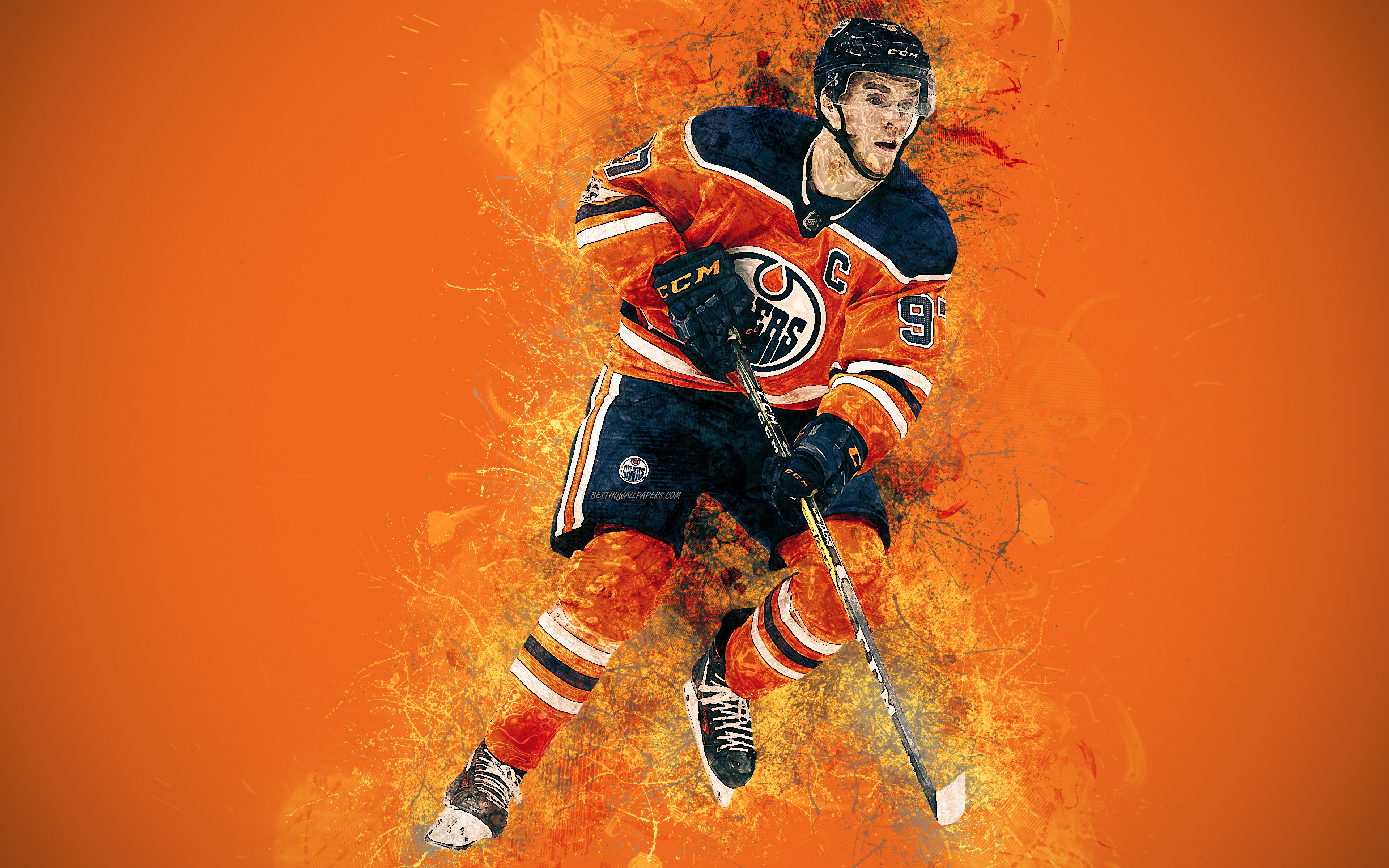 3840x2400 Download wallpaper Connor McDavid, 4K, art, Canadian hockey player, grunge style, Edmonton Oilers, paint art, NHL, USA, creative art, hockey, orange grunge background for desktop with resolution. High Quality HD picture, Desktop