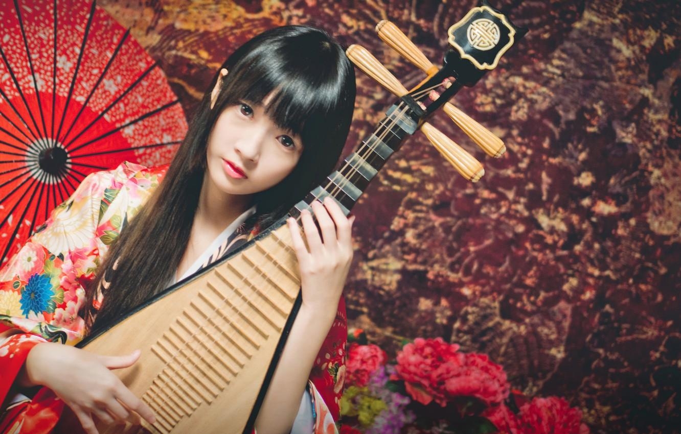 1340x850 Wallpaper look, girl, umbrella, Asian, musical instrument, lute, Desktop