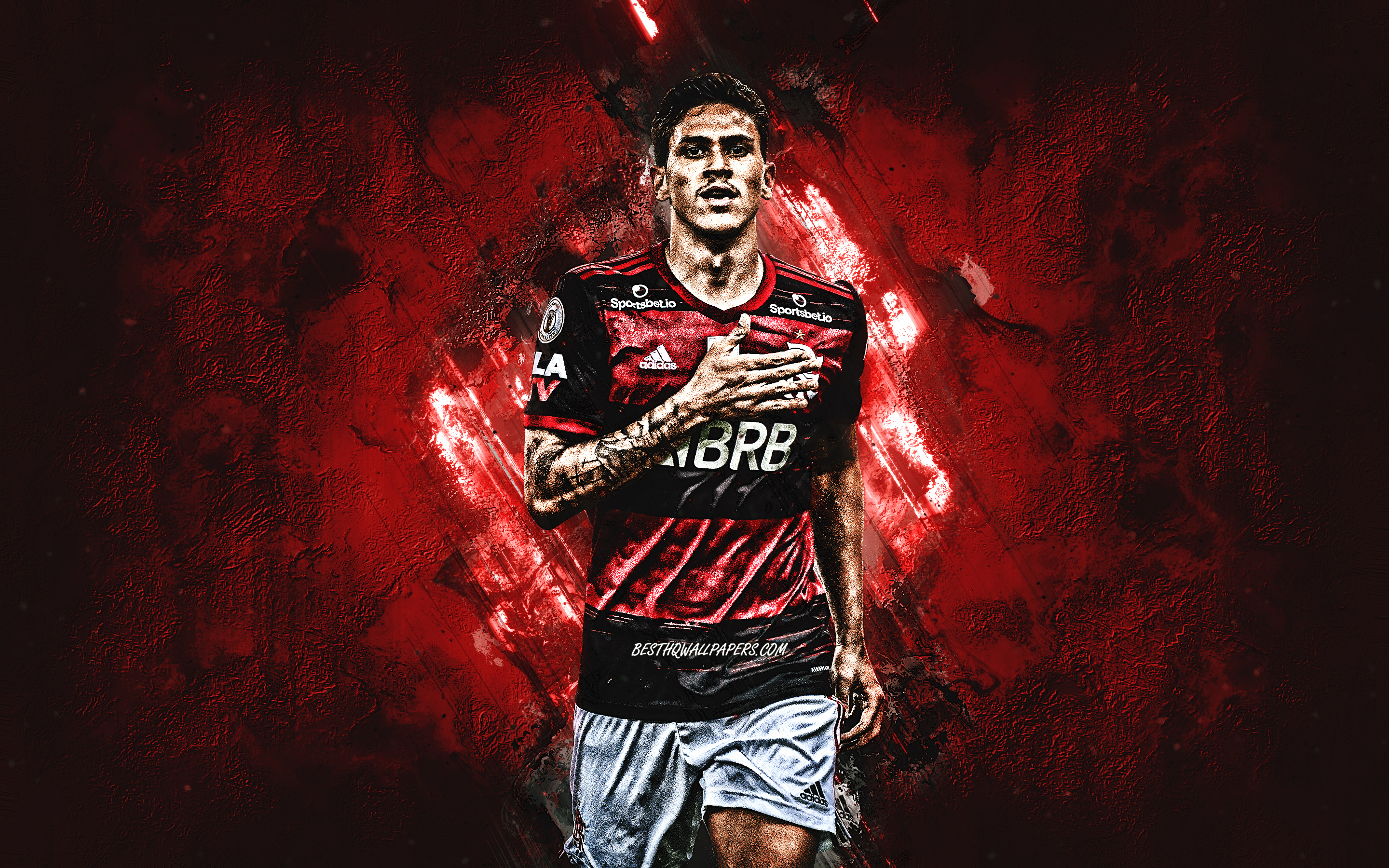 2880x1800 Download wallpaper Pedro Guilherme, Flamengo, brazilian soccer player, red stone background, Serie A, Brazil, soccer, CR Flamengo for desktop with resolution. High Quality HD picture wallpaper, Desktop