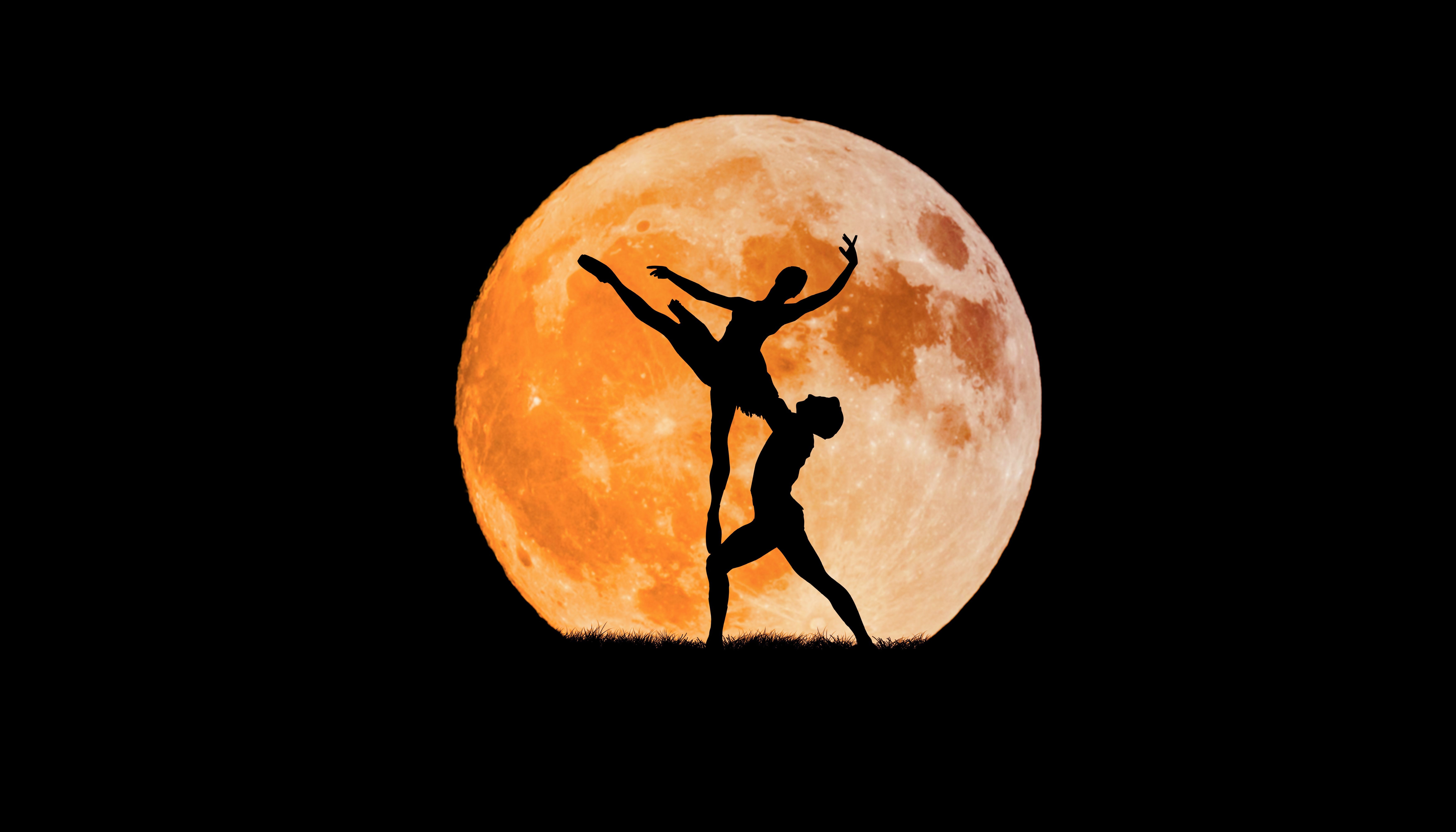 7000x4000 Couple 4K Wallpaper, Ballet Dancers, Full Moon, Silhouette, Black Background, Dancing, 5K, 8K, Black Dark, Desktop