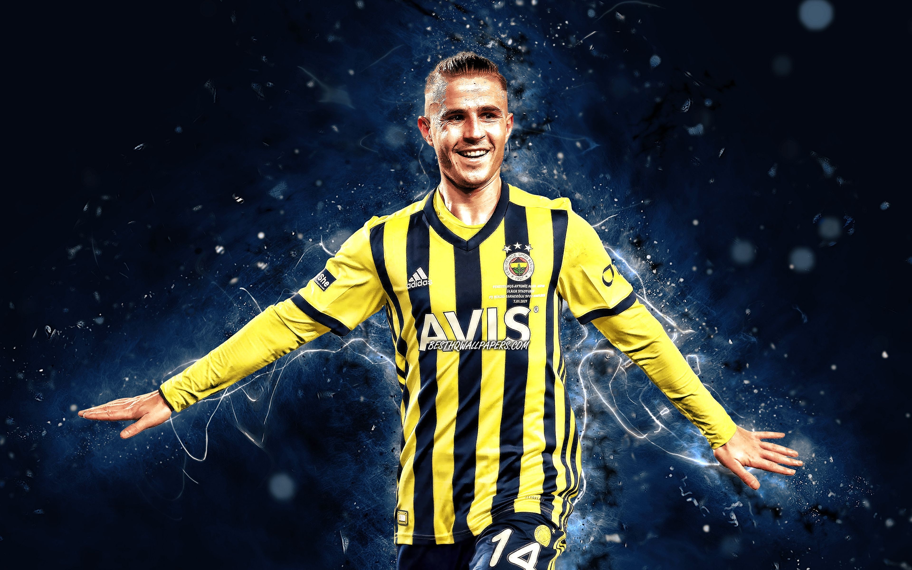 3840x2400 Download wallpaper Dimitris Pelkas, 4k, Fenerbahce SK, Turkish Super Lig, greek footballers, soccer, blue neon lights, Fenerbahce FC, Dimitris Pelkas Fenerbahce, Dimitris Pelkas 4K for desktop with resolution. High Quality HD, Desktop