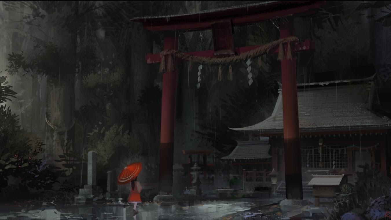 1360x770 Japan, Touhou, rain, storm, shrine, umbrellas, torii gate wallpaper, Desktop