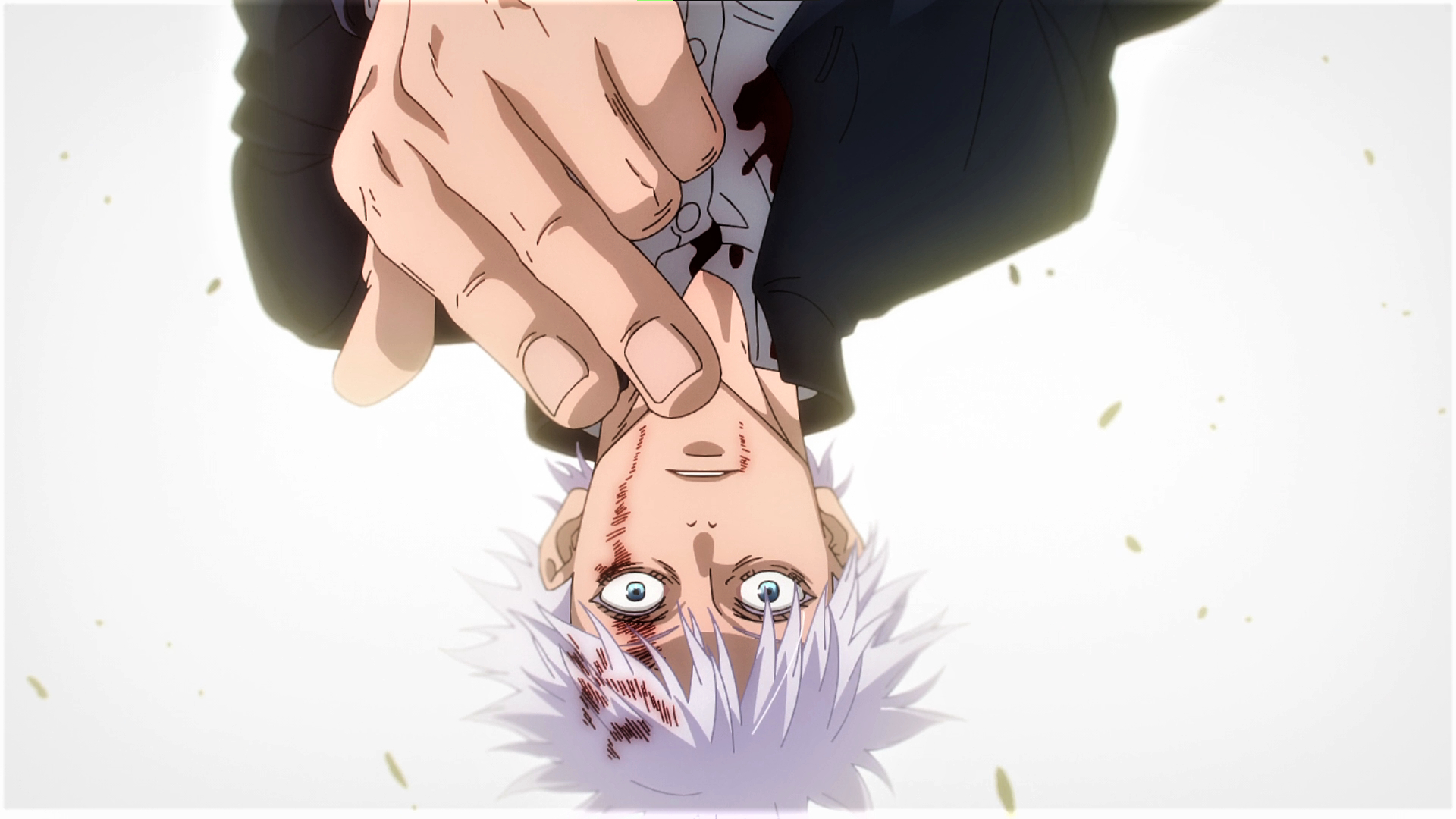 1920x1080 Wallpaper, Jujutsu Kaisen, Satoru Gojo, white hair, blue eyes, hands, uniform, simple background, blood, Anime screenshot, anime boys, Desktop