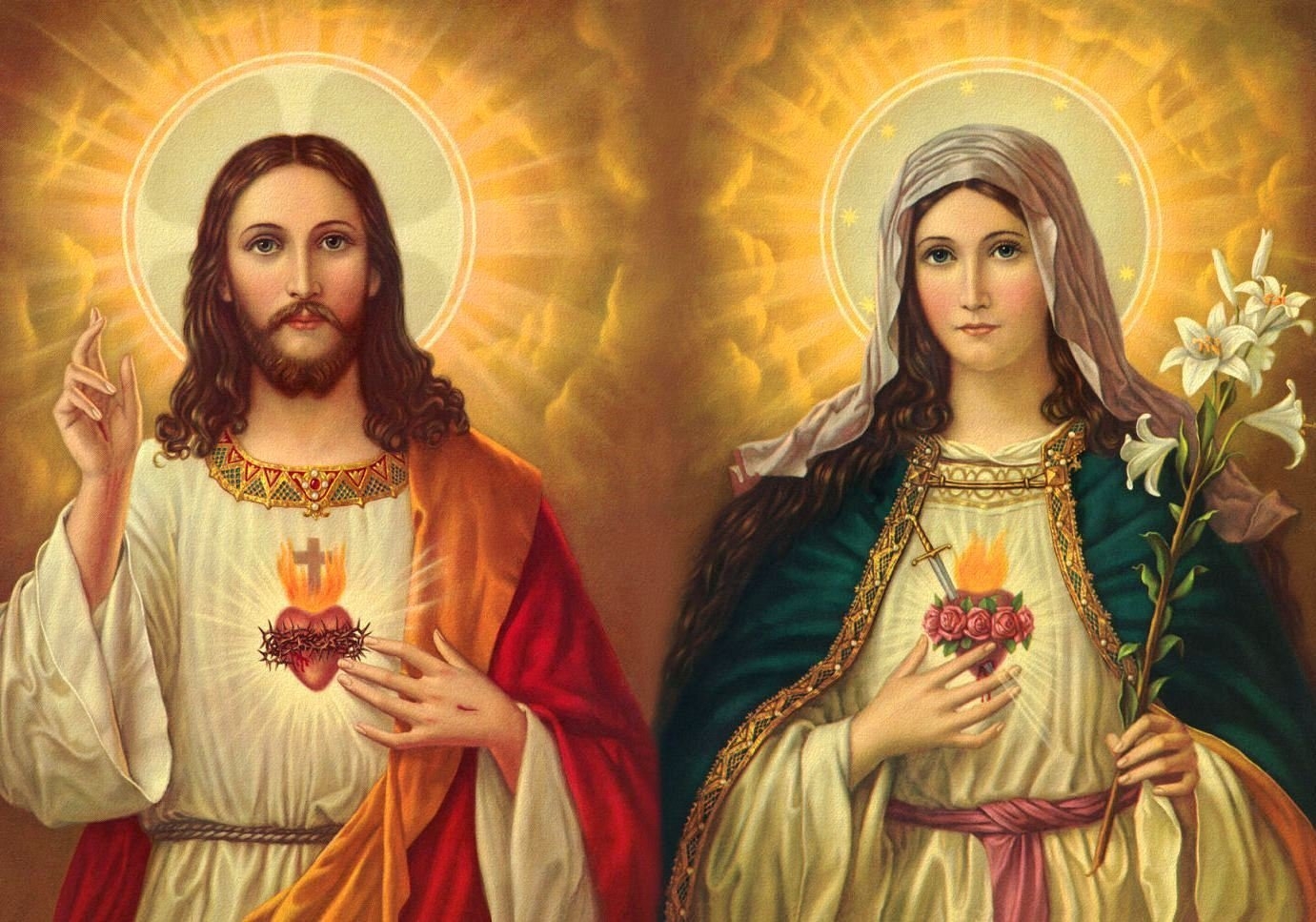 1390x970 Jesus and Mary POSTER A2 print Sacred Heart of Jesus and Virgin Mary painting Religious Artwork Catholic picture Christian Holy Wall Art Decor for Home Room, Handmade Products, Desktop