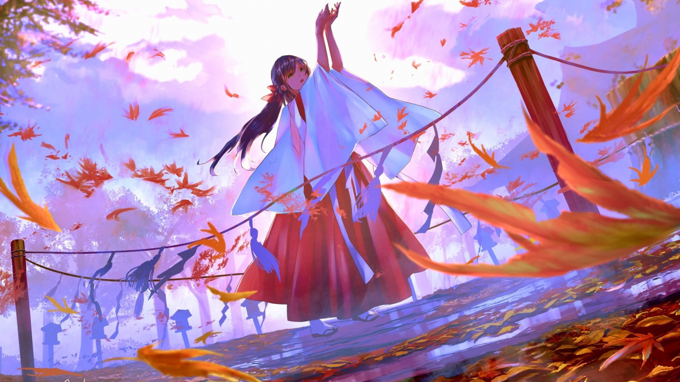 1370x770 Autumn leaves beautiful anime girl original wallpaper, Desktop