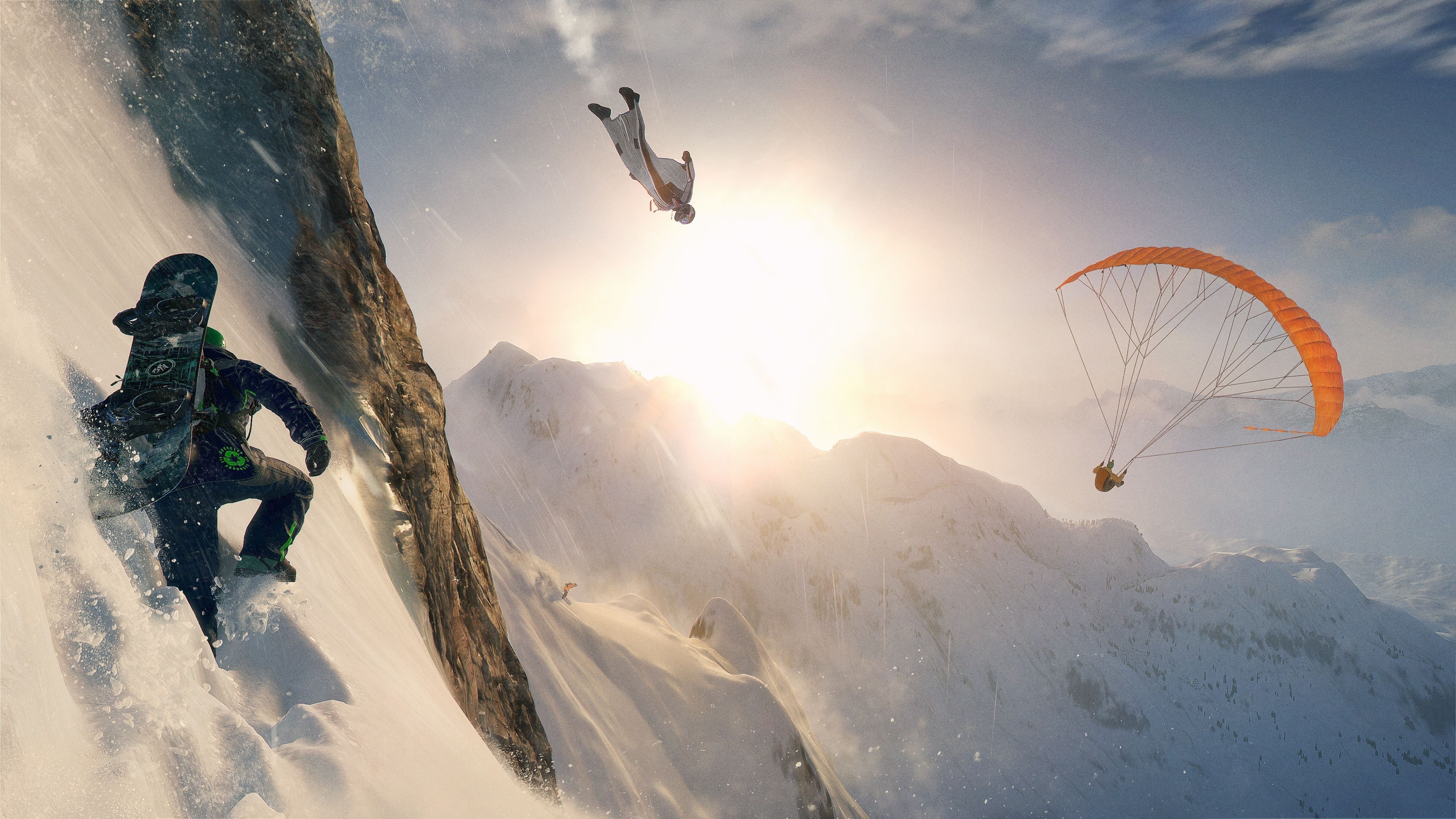 3840x2160 skydiver, Men, Video games, Steep, Mountains, Snow, Sun, Desktop