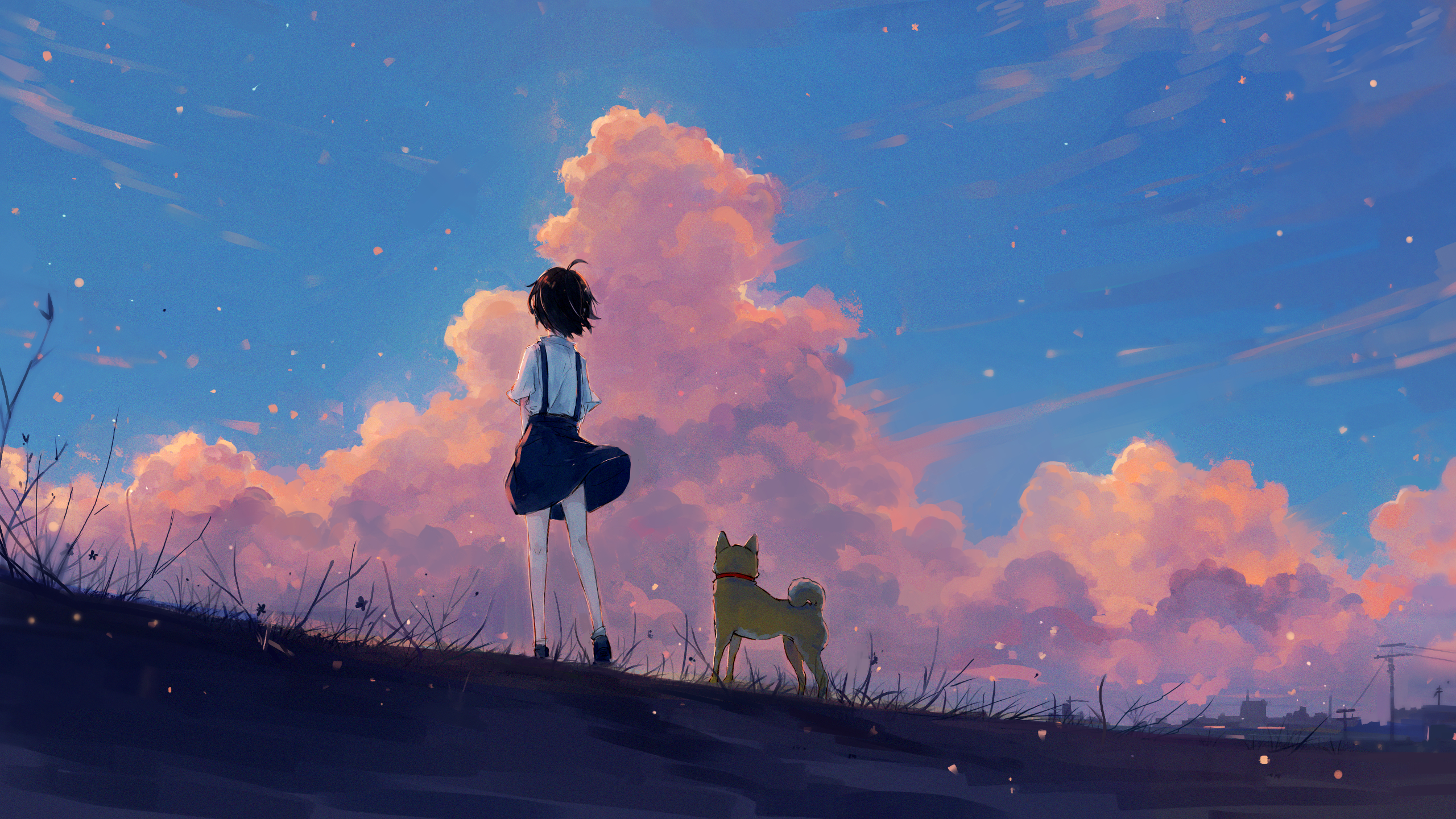 2560x1440 Wallpaper / artwork, anime, landscape, painting, fan art, anime girls, dog, illustration free download, Desktop