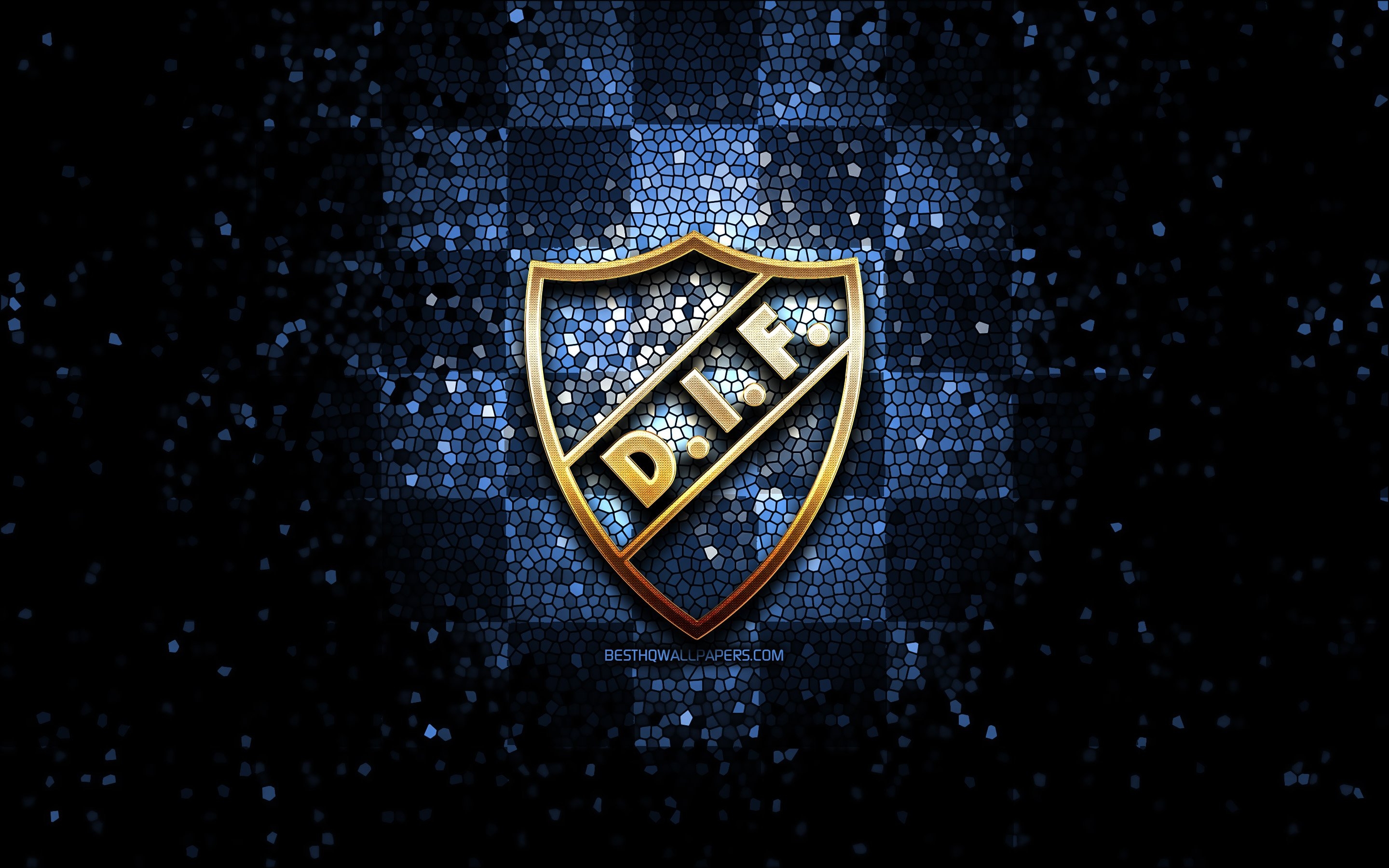 2880x1800 Download wallpaper Djurgarden FC, glitter logo, Allsvenskan, blue checkered background, soccer, swedish football club, Djurgarden logo, mosaic art, football, Djurgarden IF for desktop with resolution. High Quality HD picture wallpaper, Desktop