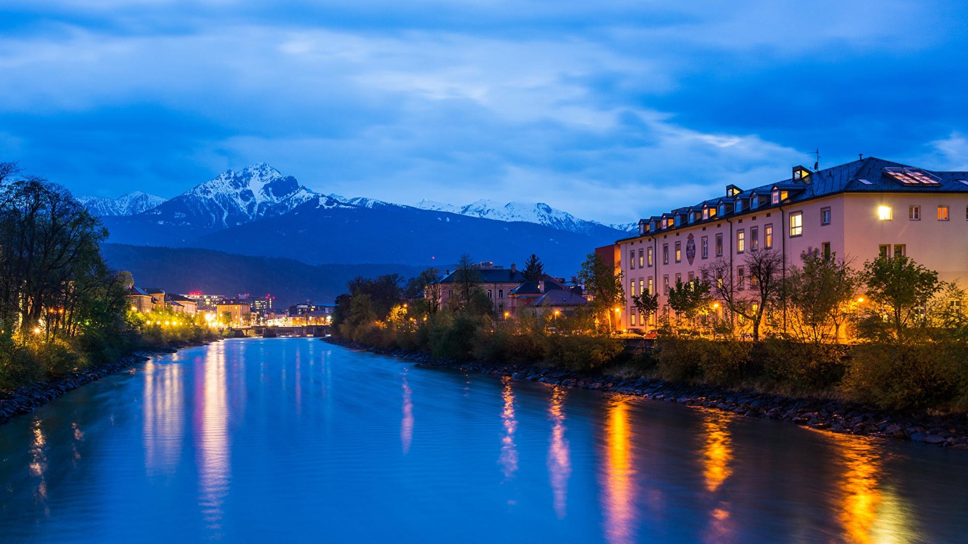 1920x1080 Image Austria Innsbruck Mountains Sky Rivers night time, Desktop