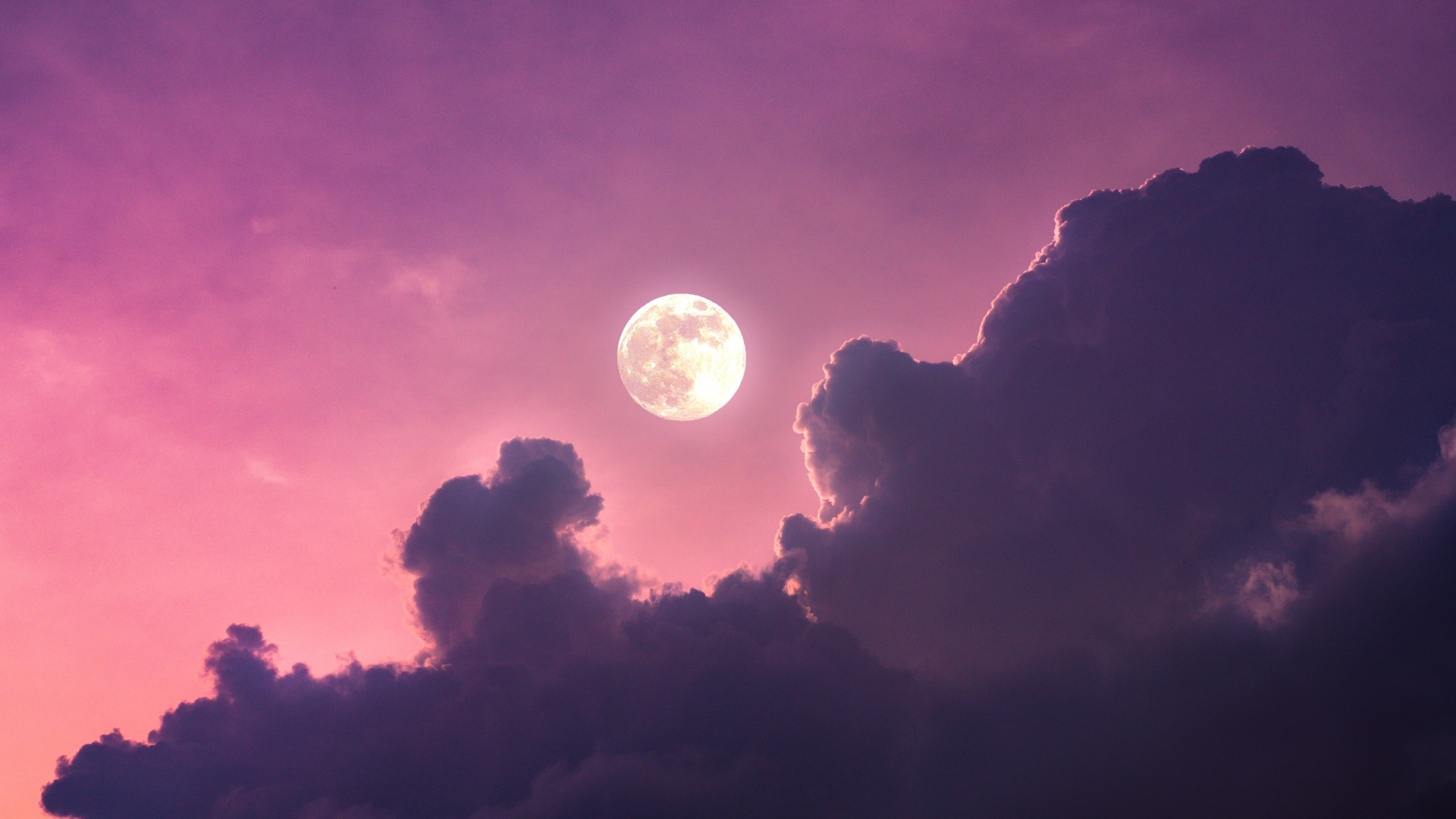 1920x1080 Full moon Wallpaper 4K, Clouds, Pink sky, Nature, Desktop