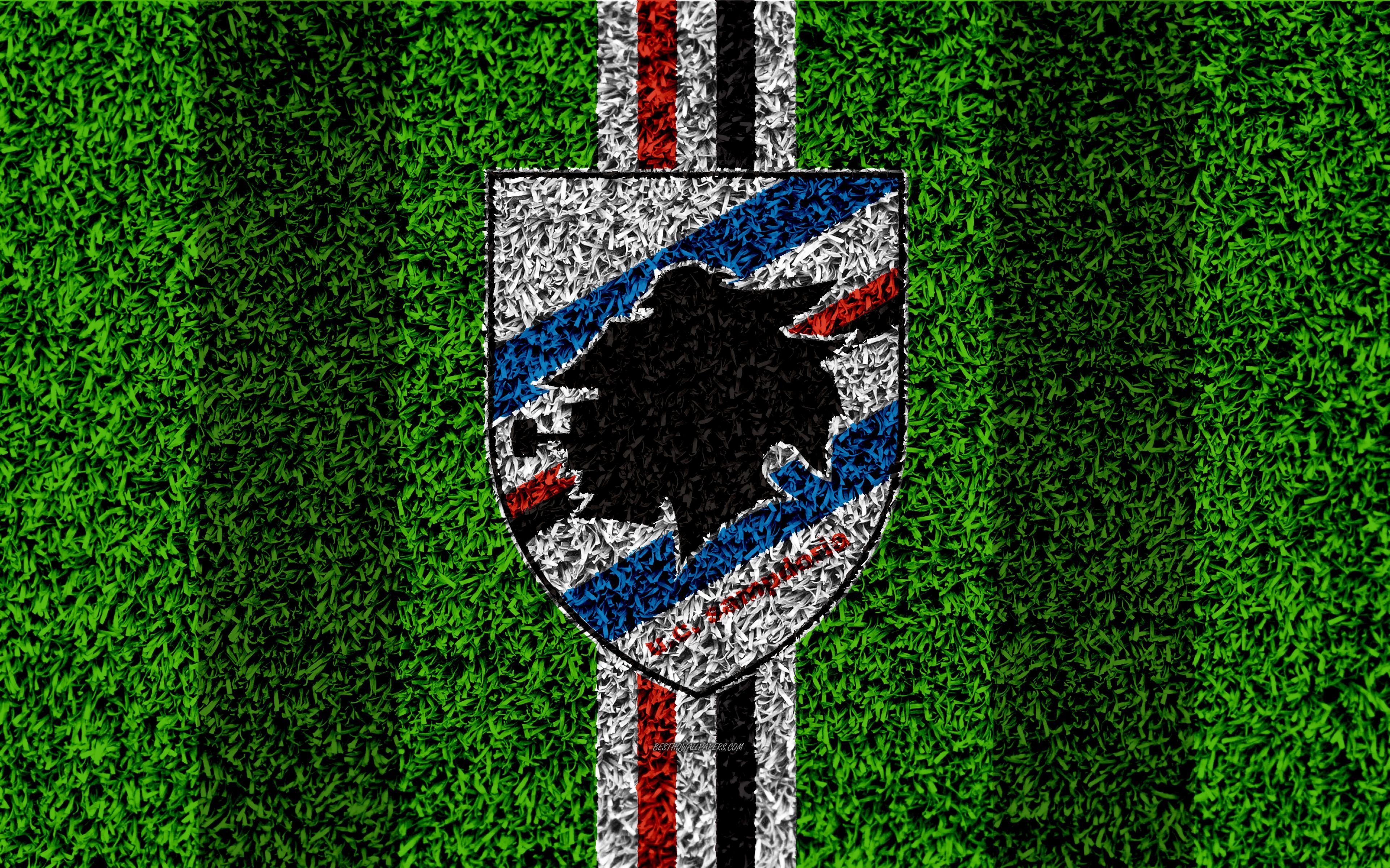 3840x2400 Download wallpaper Sampdoria FC, 4k, logo, football lawn, Italian, Desktop