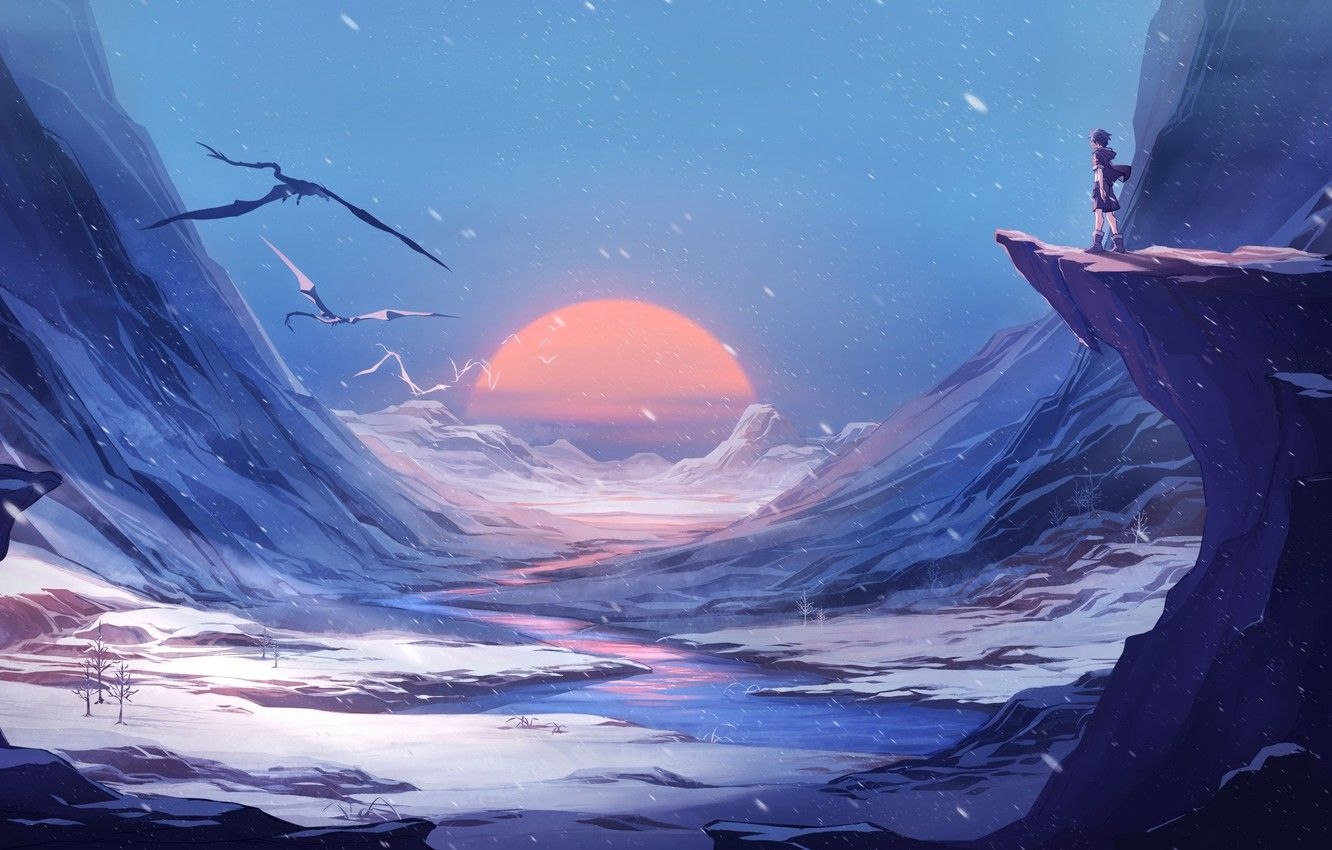 1340x850 Wallpaper fantasy, Landscape, river, sunset, winter, mountains, snow, sun, man, digital art, artwork, fantasy art, dragons, fantasy landscape image for desktop, section фантастика, Desktop