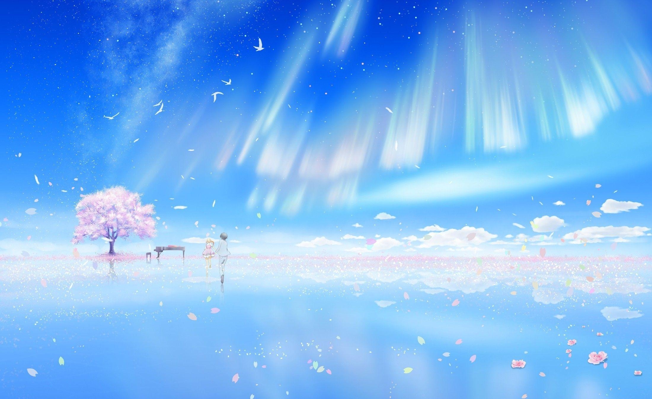 2200x1350 piano, Cherry Blossom, Birds, Clouds, Arima Kousei, Miyazono Kaori, Desktop