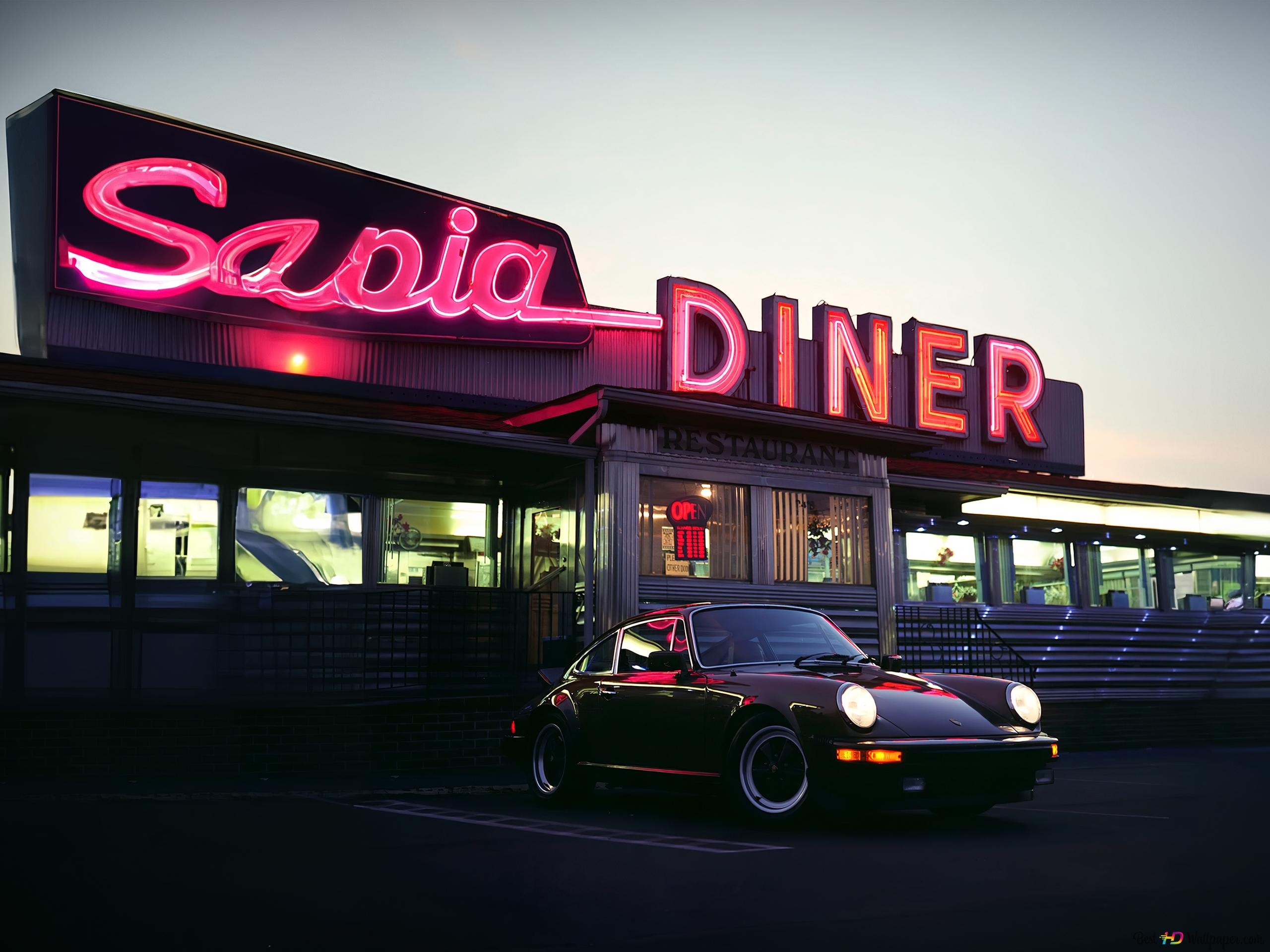 2560x1920 Black Porsche park in a retro Diner 4K wallpaper download, Desktop