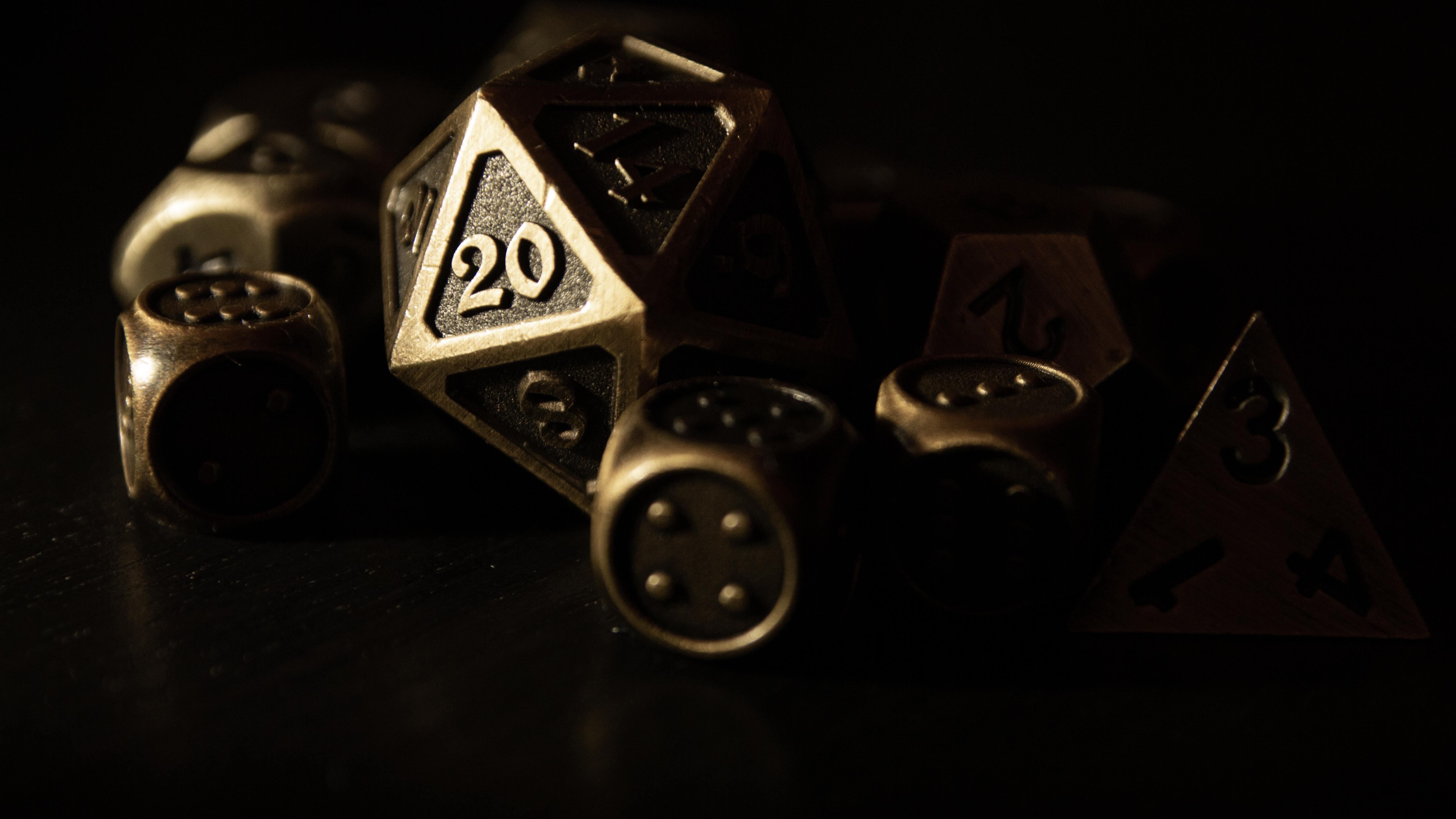 5190x2920 OC] [Art] I made a wallpaper of my metal dice set, Desktop