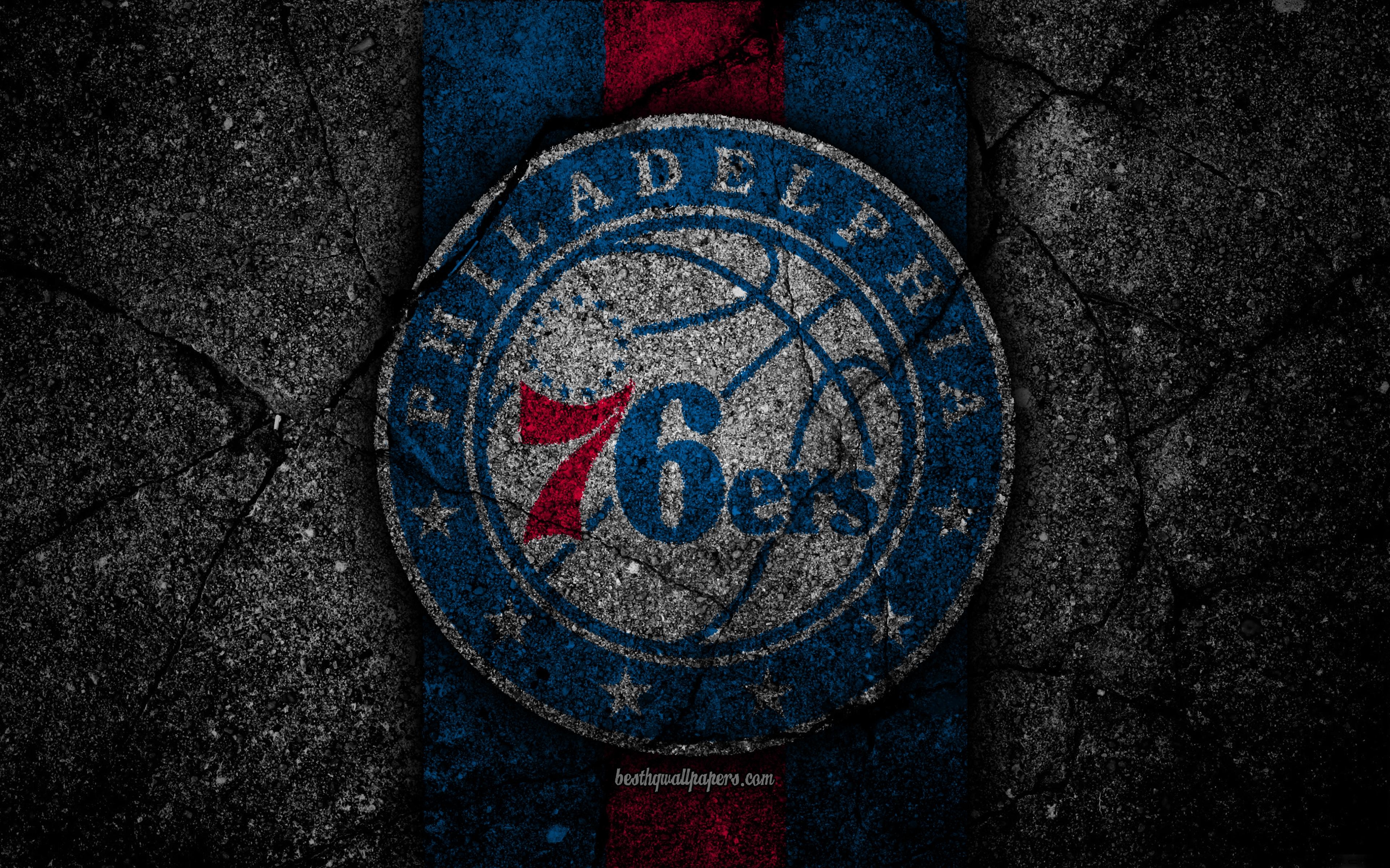 3840x2400 Download wallpaper Philadelphia 76ers, NBA, 4k, logo, black stone, Desktop