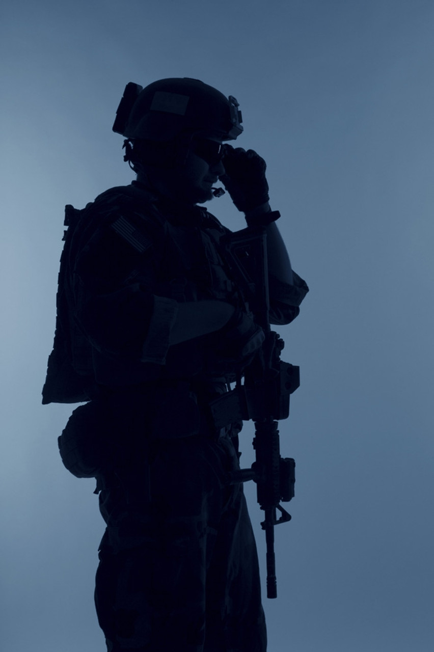 860x1280 Silhouette Of A U.S. Marine Corps Marsoc Raider With Weapon, Blue Background. Poster Print By Oleg Zabielin Stocktrek Im # VARPSTZAB102122M, Phone