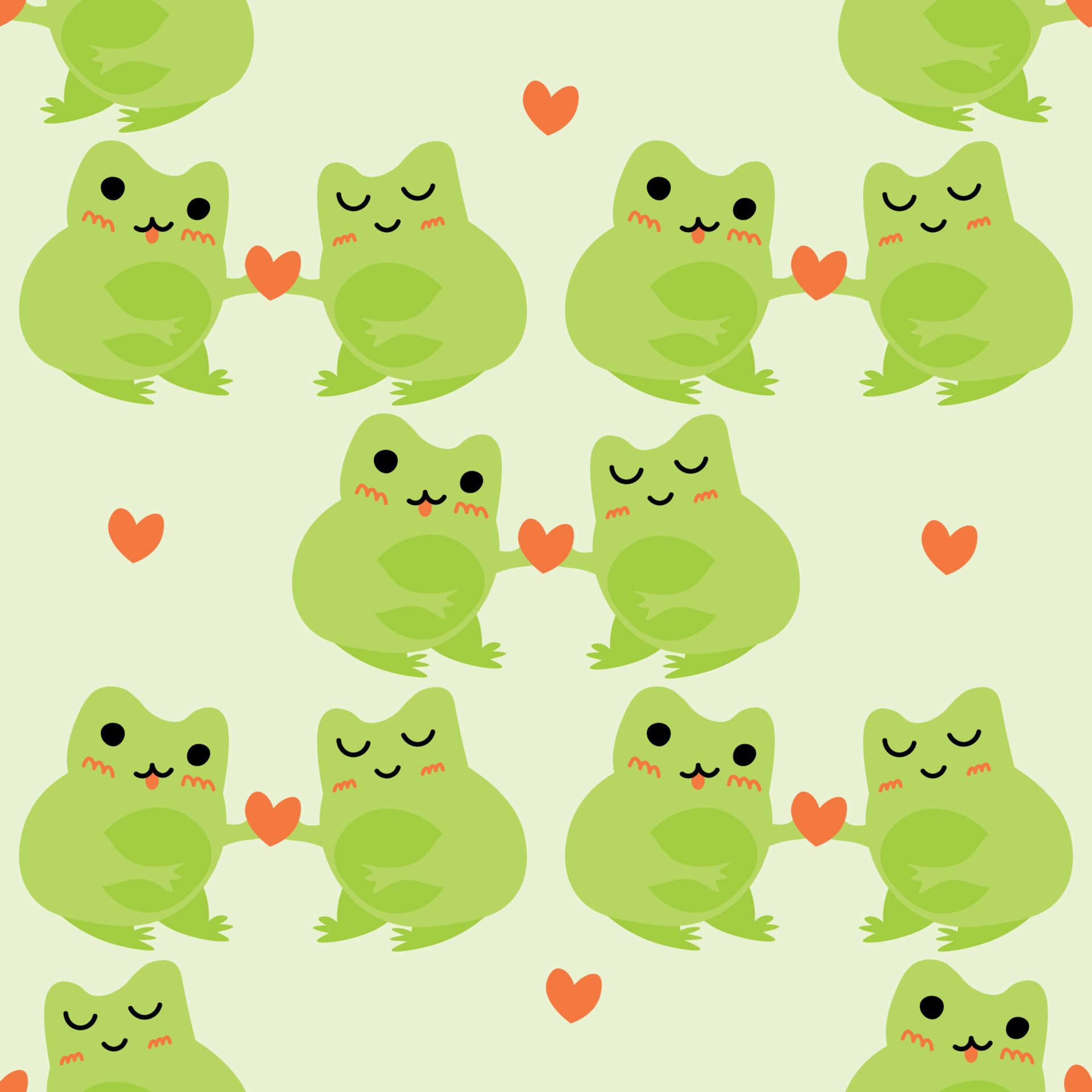 1920x1920 Cute cartoon frogs with hearts. Enamored green toads. Vector animal characters seamless pattern of amphibian toad drawing.Childish design for baby clothes, bedding, textiles, print, wallpaper, Phone