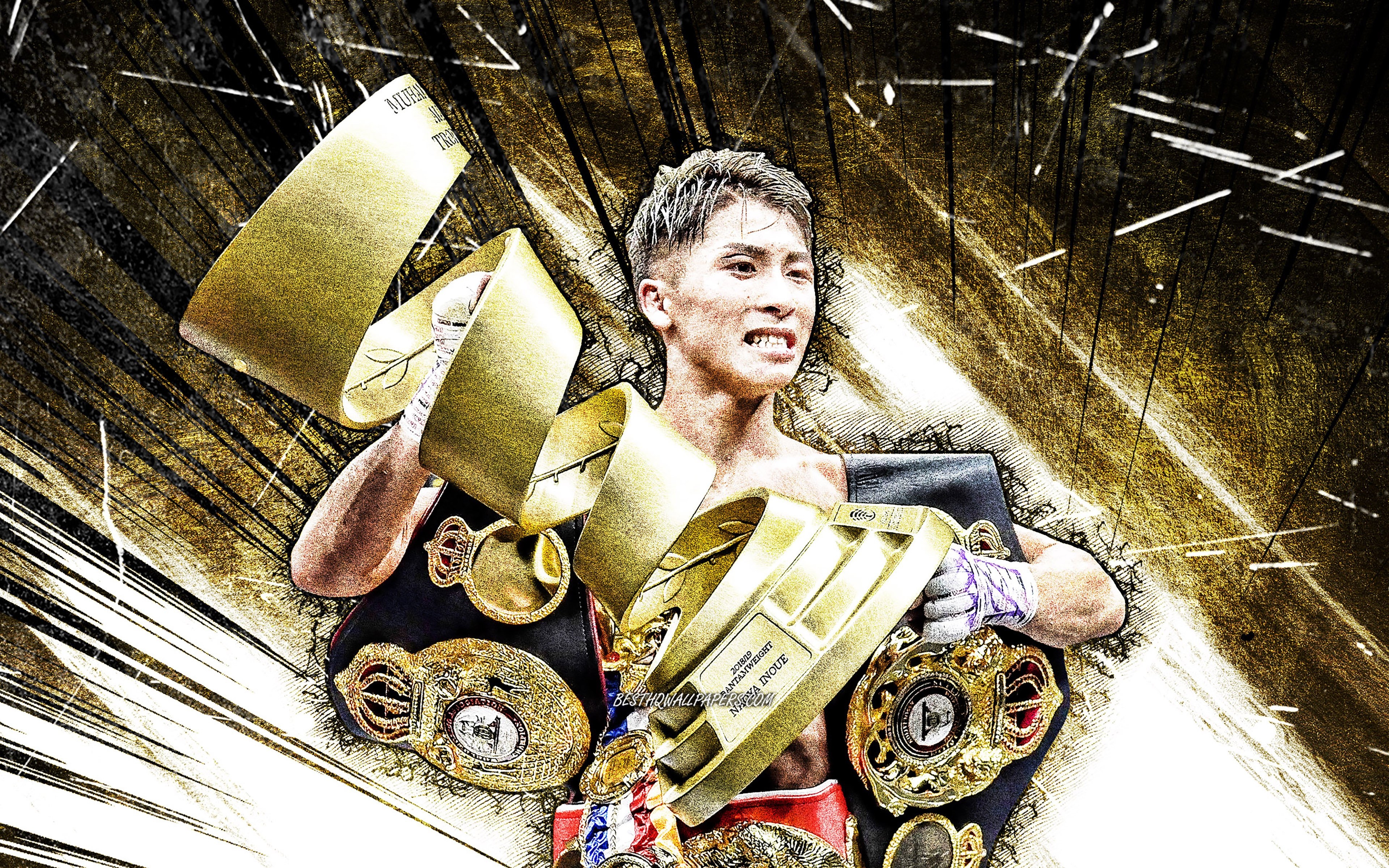 3840x2400 Download wallpaper 4k, Naoya Inoue, grunge art, japanese boxer, WBC, WBO, WBA, IBF, The Ring, OPBF, Naoya Inoue with belts, brown abstract rays, boxers, Monster, Naoya Inoue 4K for desktop with resolution, Desktop