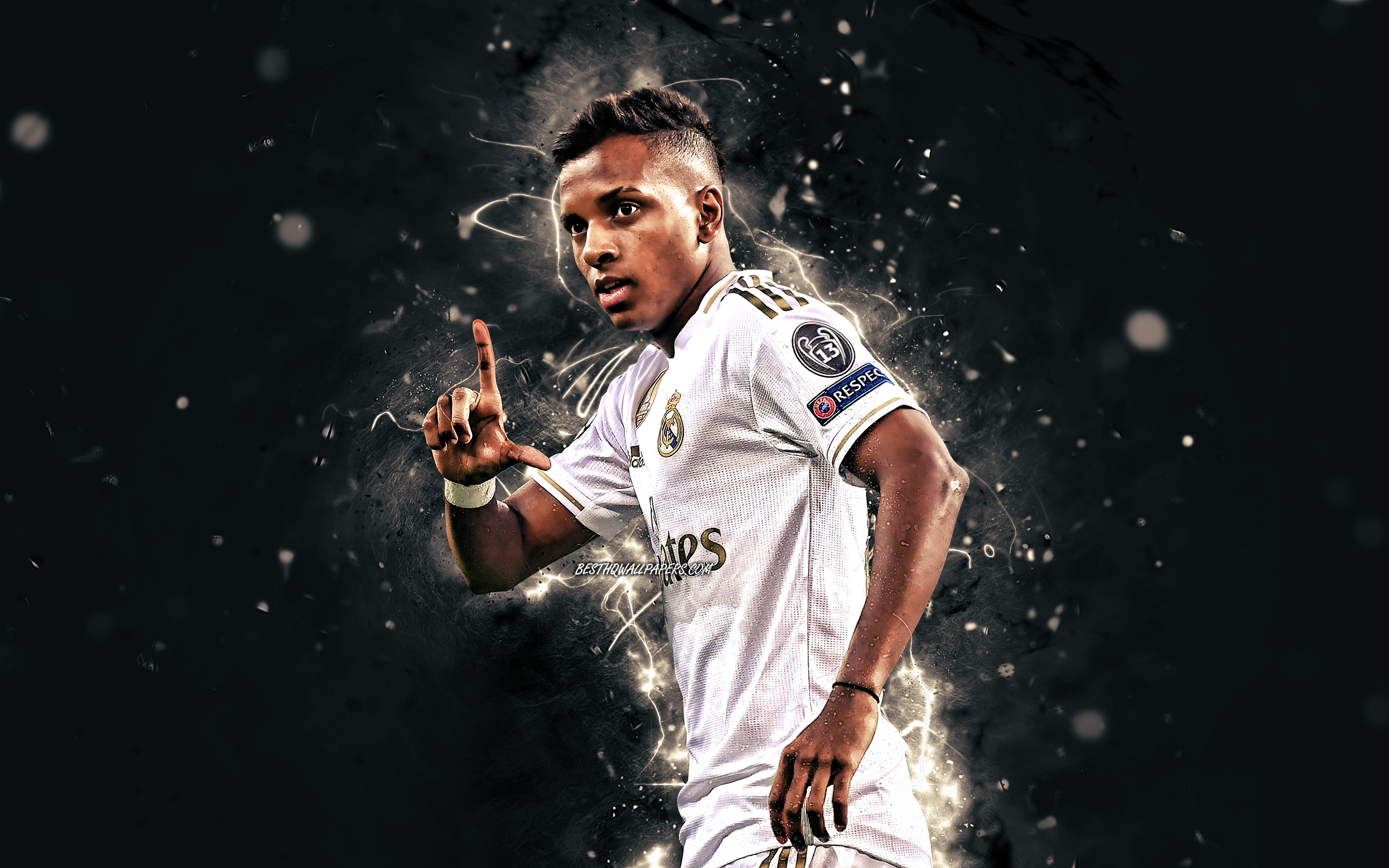 3840x2400 Download wallpaper 4K, Rodrygo Goes, Real Madrid FC, brazilian footballers, La Liga, Spain, Rodrygo Silva de Goes, neon lights, soccer, football, Real Madrid CF, LaLiga, Rodrygo Goes 4K for desktop with, Desktop