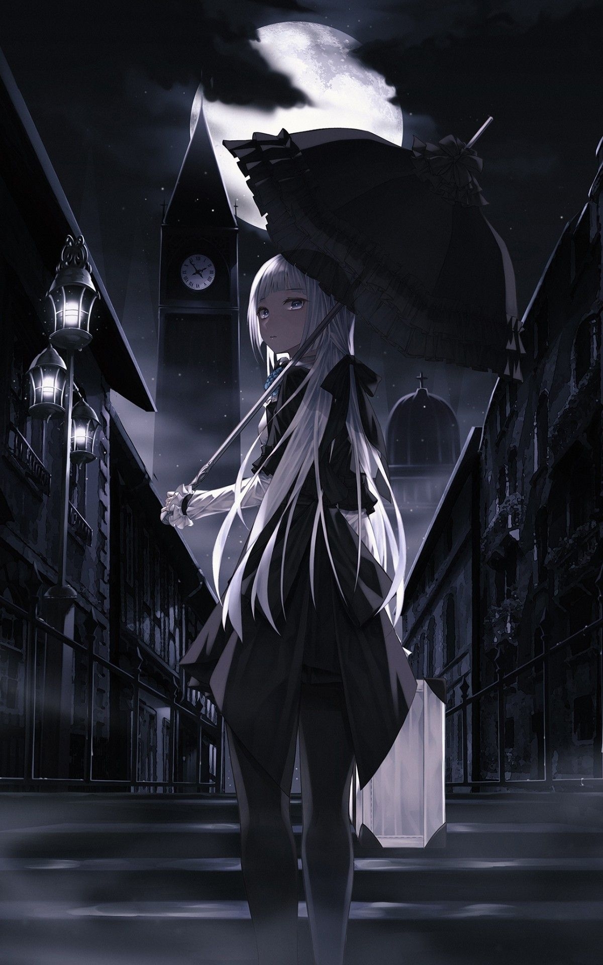 1200x1920 Download  Anime Girl, Umbrella, Dark, White Hair, Phone