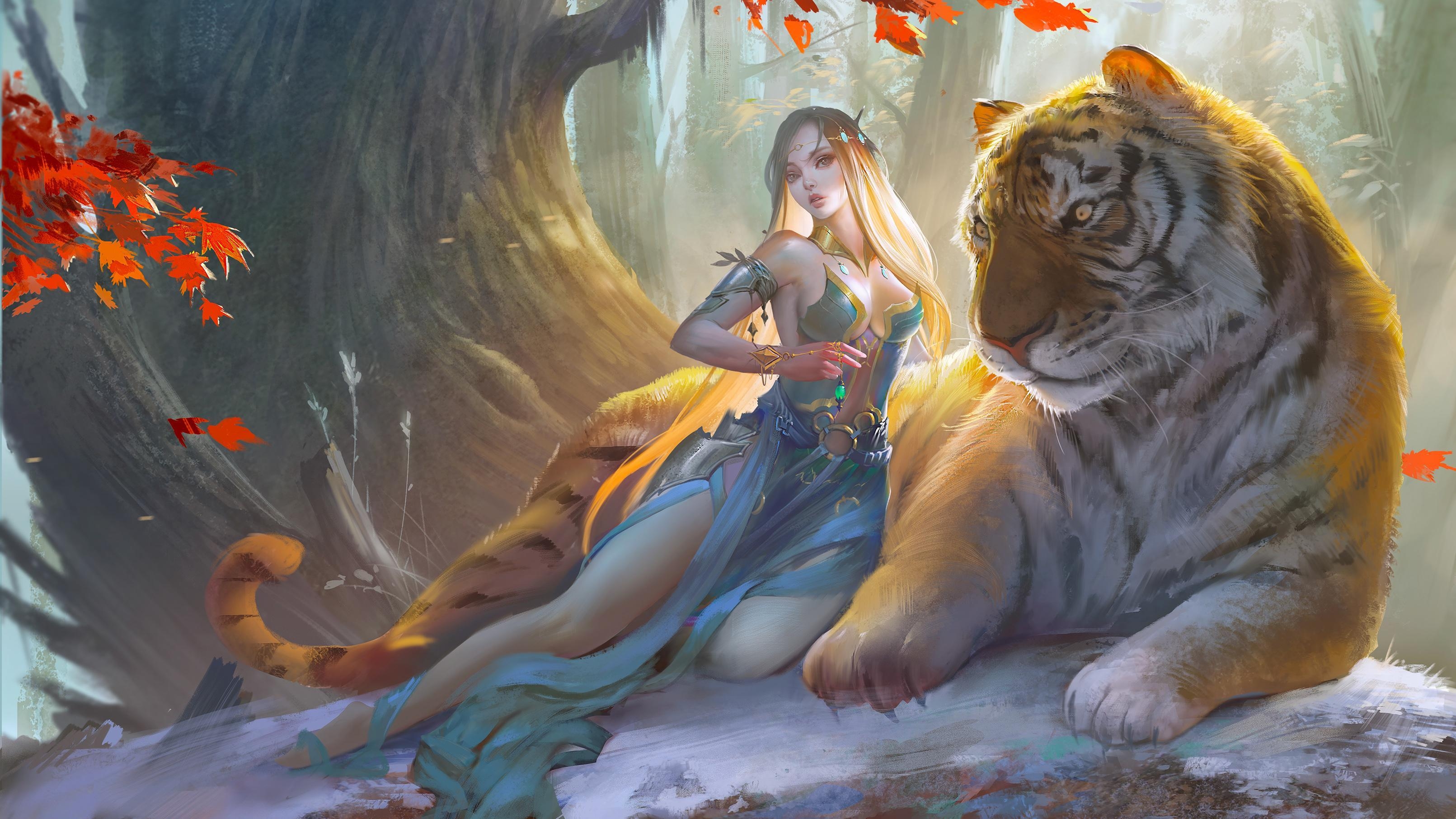 3230x1820 Fantasy Girl With Tiger, HD Fantasy Girls, 4k Wallpaper, Image, Desktop