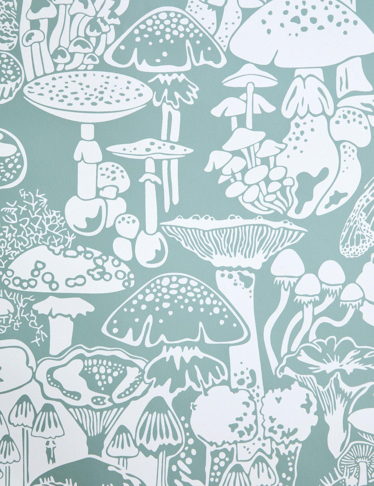 1500x1950 Mushroom City Designer Wallpaper in Color Botanica 'Soft White on Frost Green', Phone