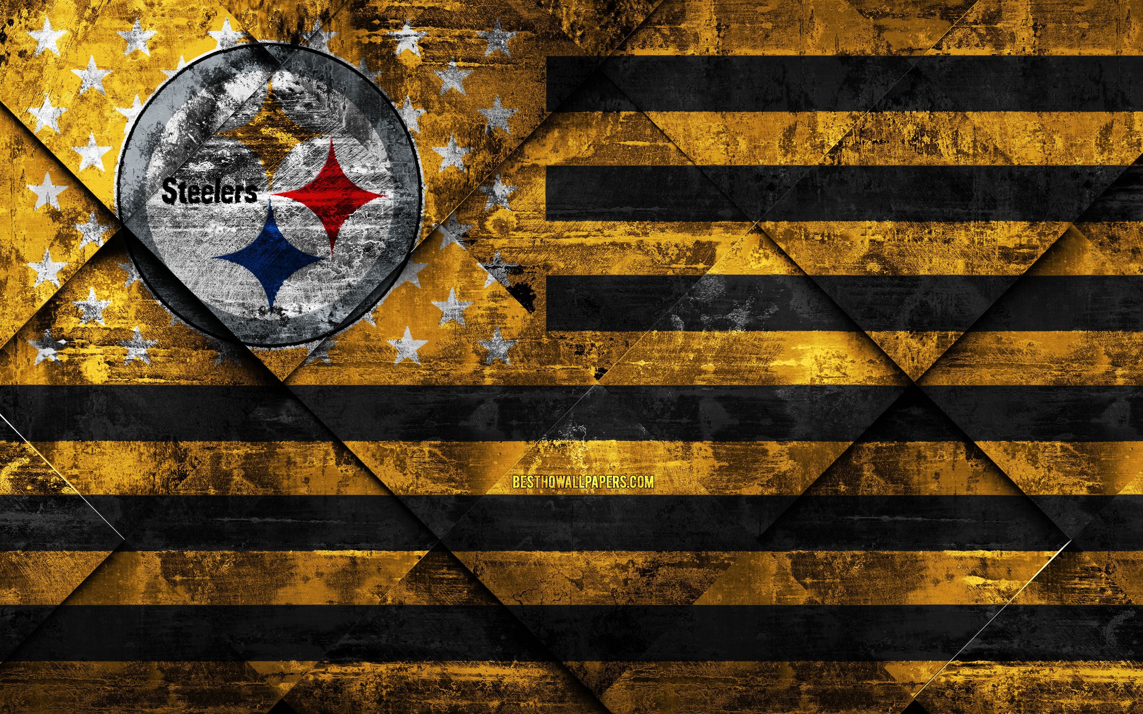 3840x2400 Download wallpaper Pittsburgh Steelers, 4k, American football club, grunge art, grunge texture, American flag, NFL, Pittsburgh, Pennsylvania, USA, National Football League, USA flag, American football for desktop with resolution. High Quality, Desktop