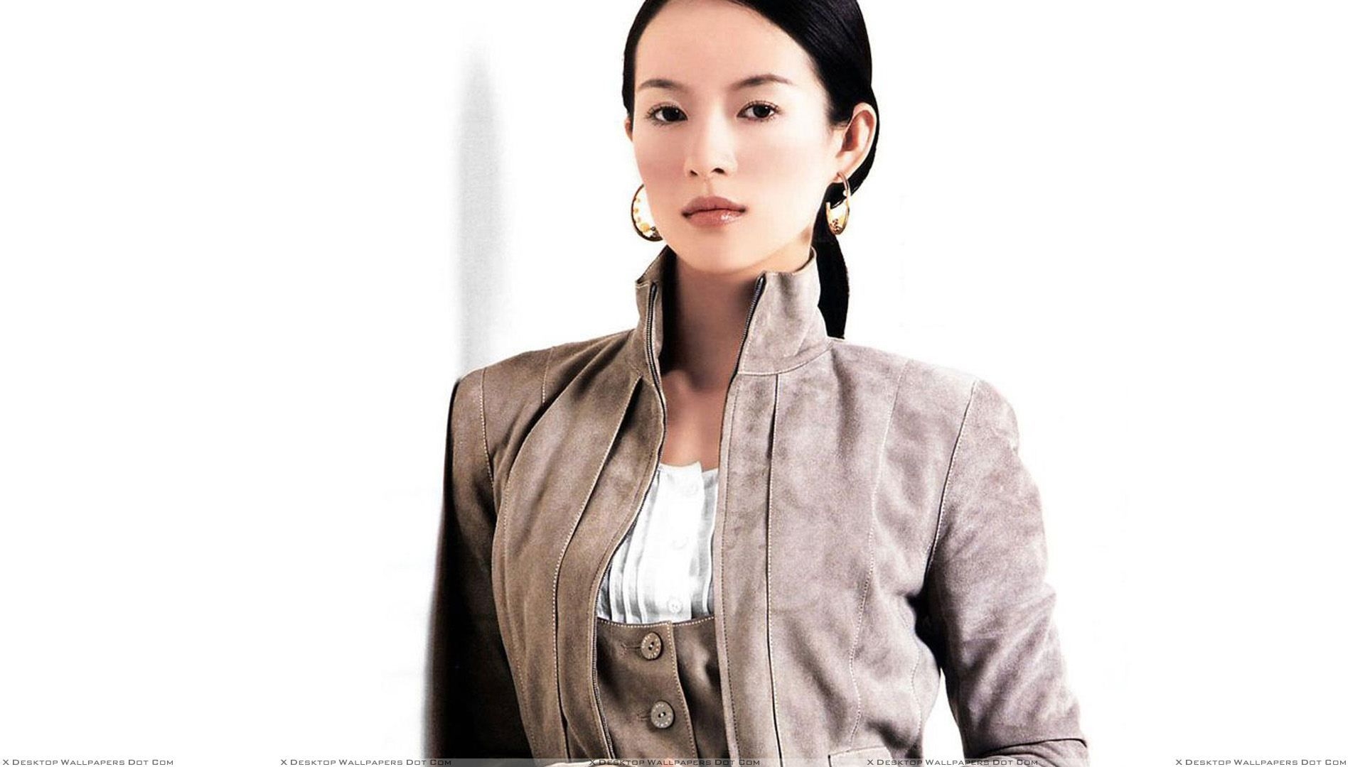 1920x1080 Zhang Ziyi In Brown Jacket Looking Front Photohoot Wallpaper, Desktop