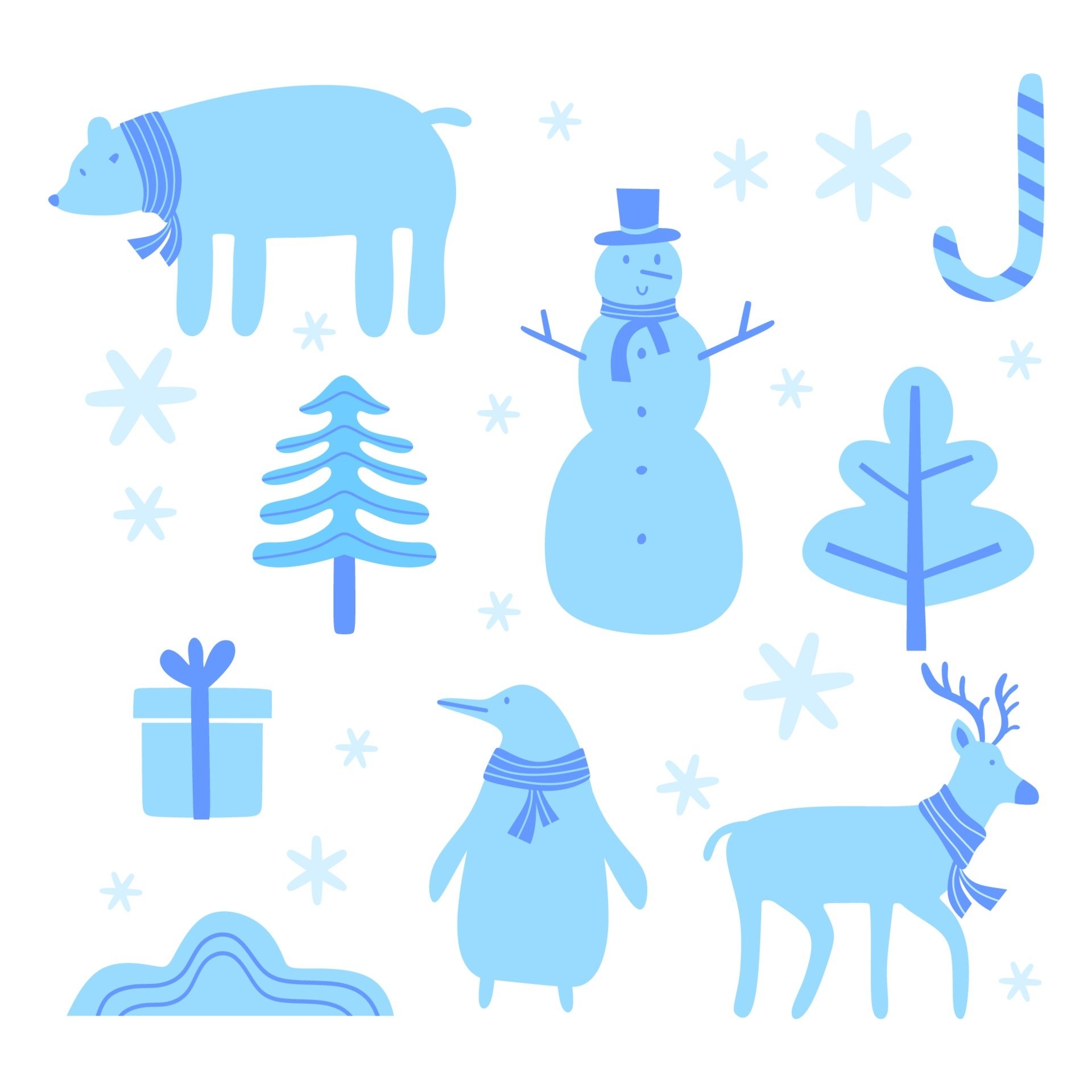 1920x1920 Set of cute cartoon Christmas. A bear, reindeer, snowman, and penguin. Part of Christmas background collection. Can be used for wallpaper, pattern fills, surface textures, fabric prints, Phone