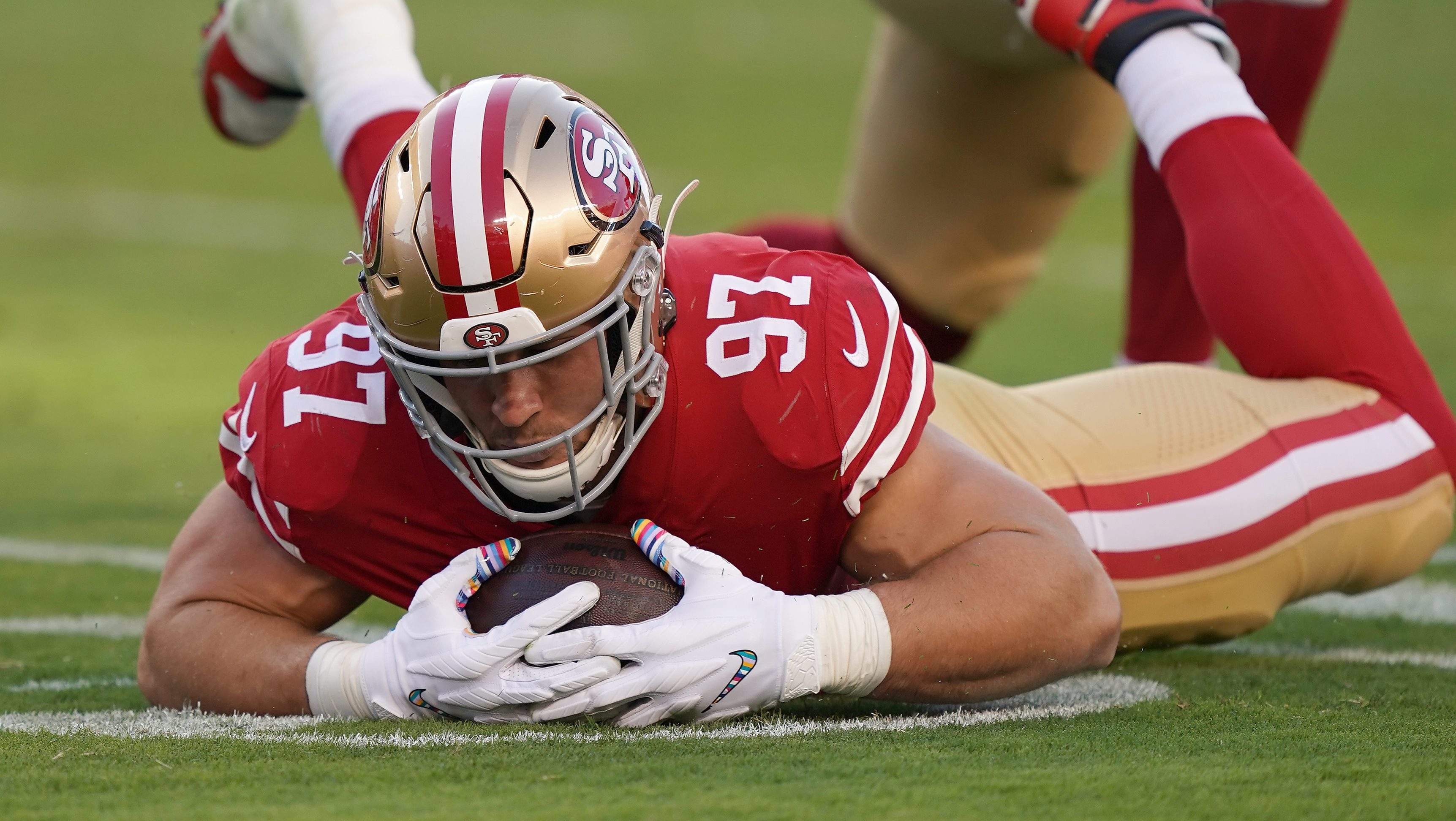 3450x1950 49ers' Nick Bosa Trolls Baker Mayfield, Oklahoma After Huge Hit, Desktop